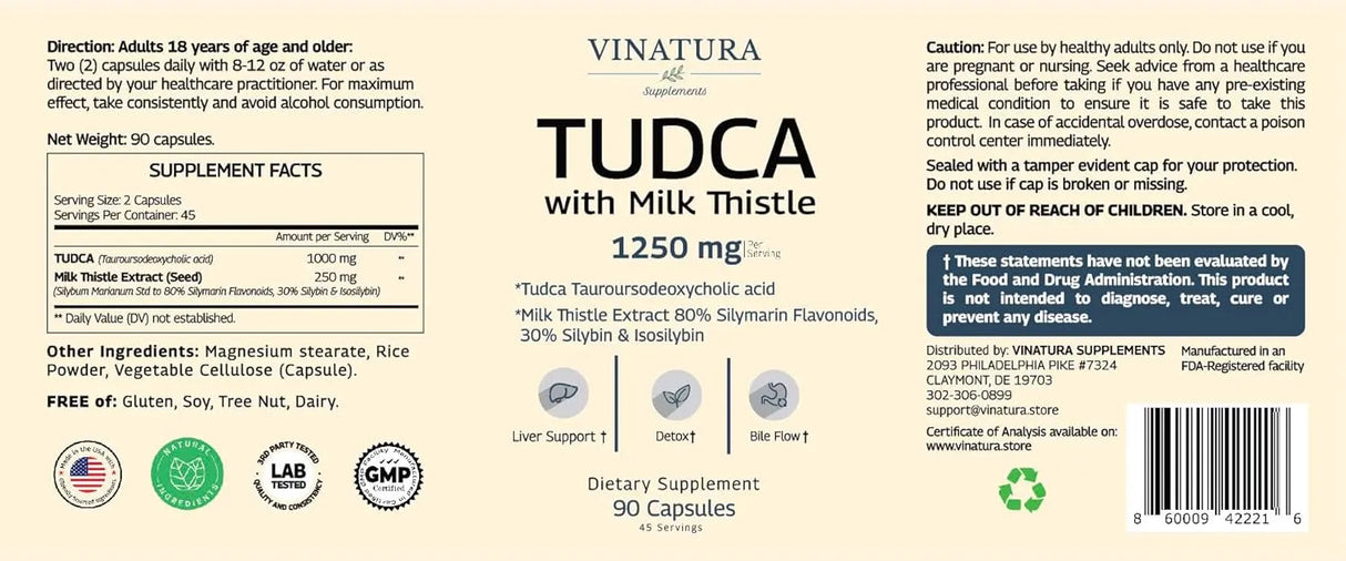 VINATURA - VINATURA TUDCA with Milk Thistle 1250Mg. 90 Capsulas - The Red Vitamin MX - Suplementos Alimenticios - {{ shop.shopifyCountryName }}