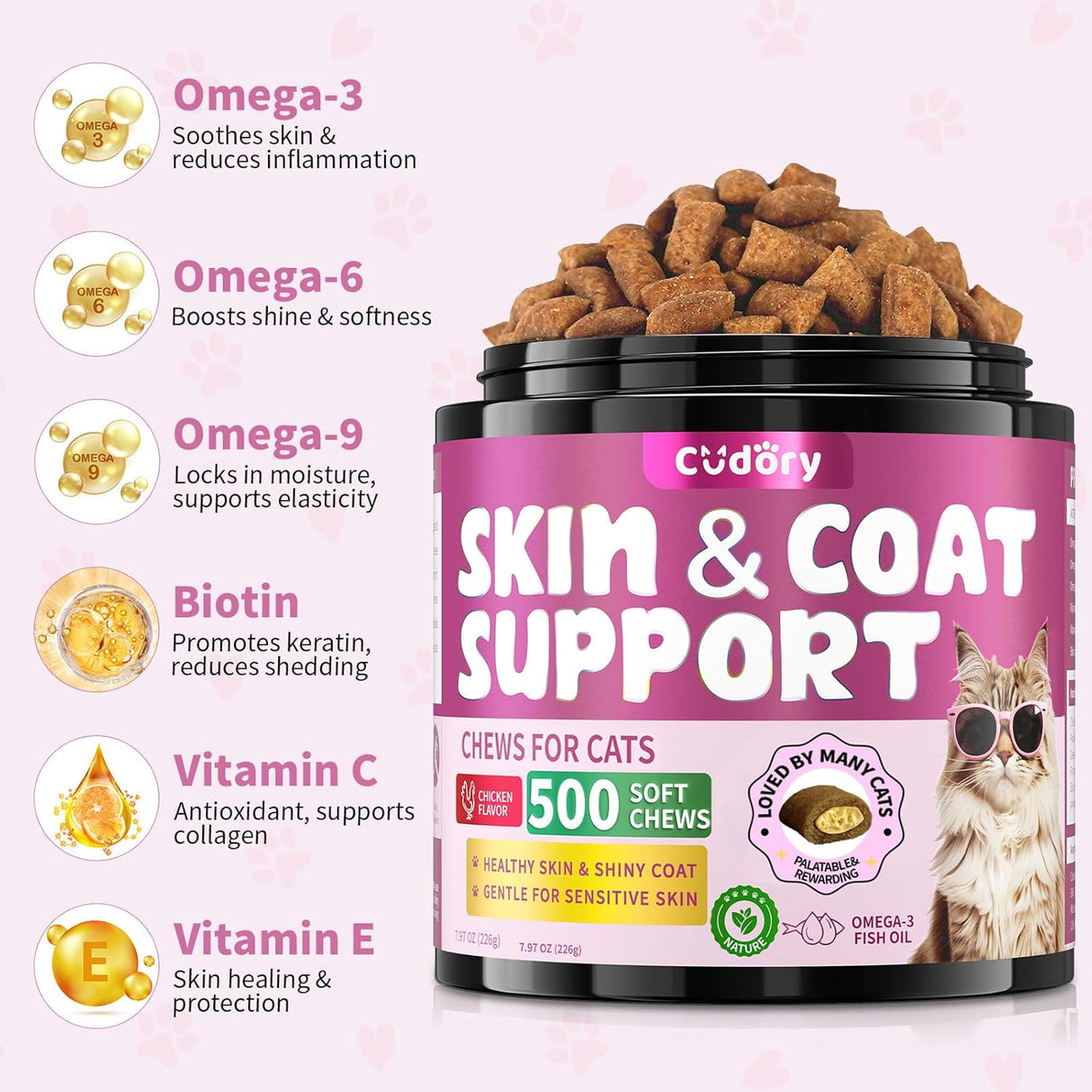Cudory Natural Skin and Coat Support for Cats 500 Masticables