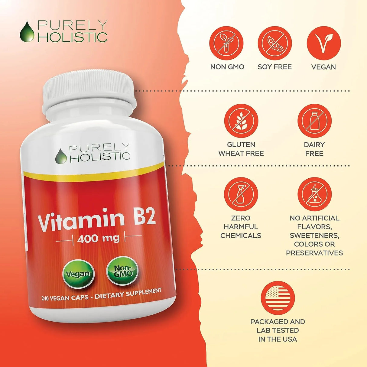 PURELY HOLISTIC - Purely Holistic Vitamin B2 Riboflavin 400Mg. 240 Capsulas - The Red Vitamin MX - Suplementos Alimenticios - {{ shop.shopifyCountryName }}