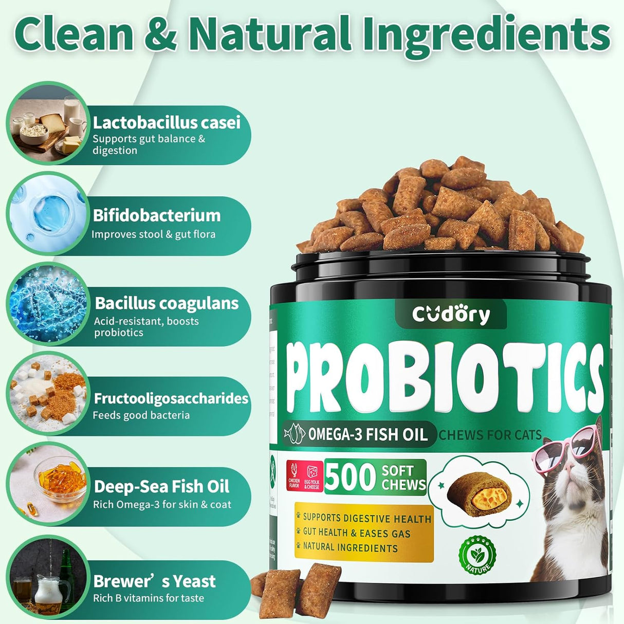 Cudory Cat Probiotics Tasty Chews for Digestive & Gut Support 500 Masticables