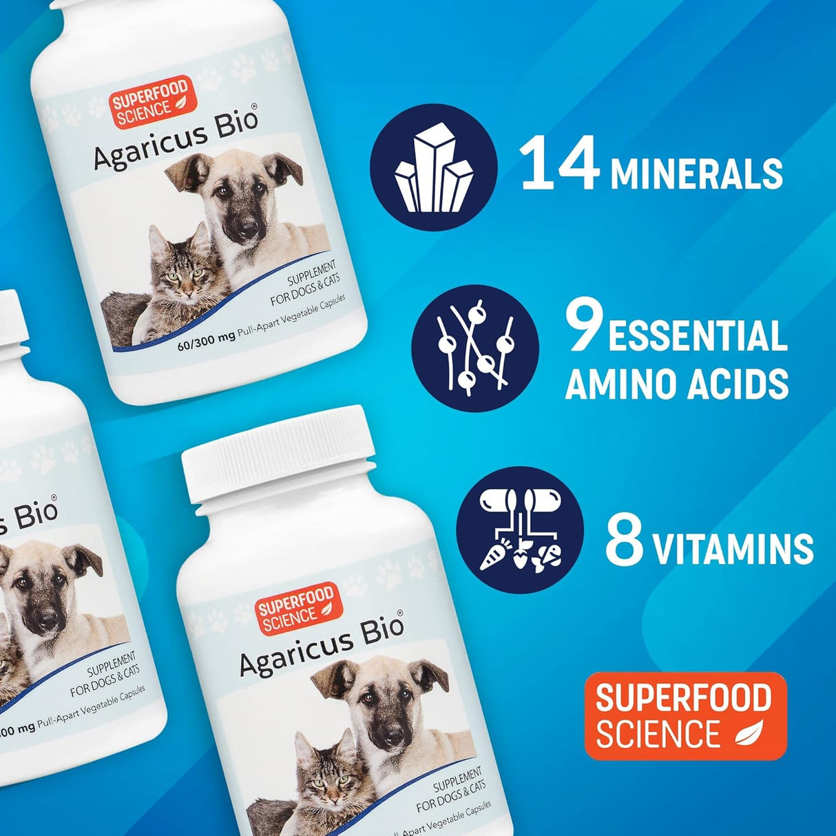 SUPERFOOD SCIENCE - Superfood Science Agaricus Bio 300Mg. Mushroom Pet Supplement 60 Capsulas - The Red Vitamin MX - Suplementos Herbales Para Perros - {{ shop.shopifyCountryName }}