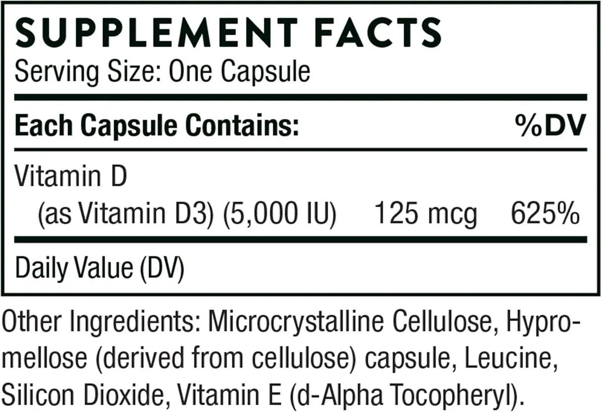 THORNE RESEARCH - THORNE Vitamin D-5000 Vitamin D3 Supplement 60 Capsulas - The Red Vitamin MX - Suplementos Alimenticios - {{ shop.shopifyCountryName }}