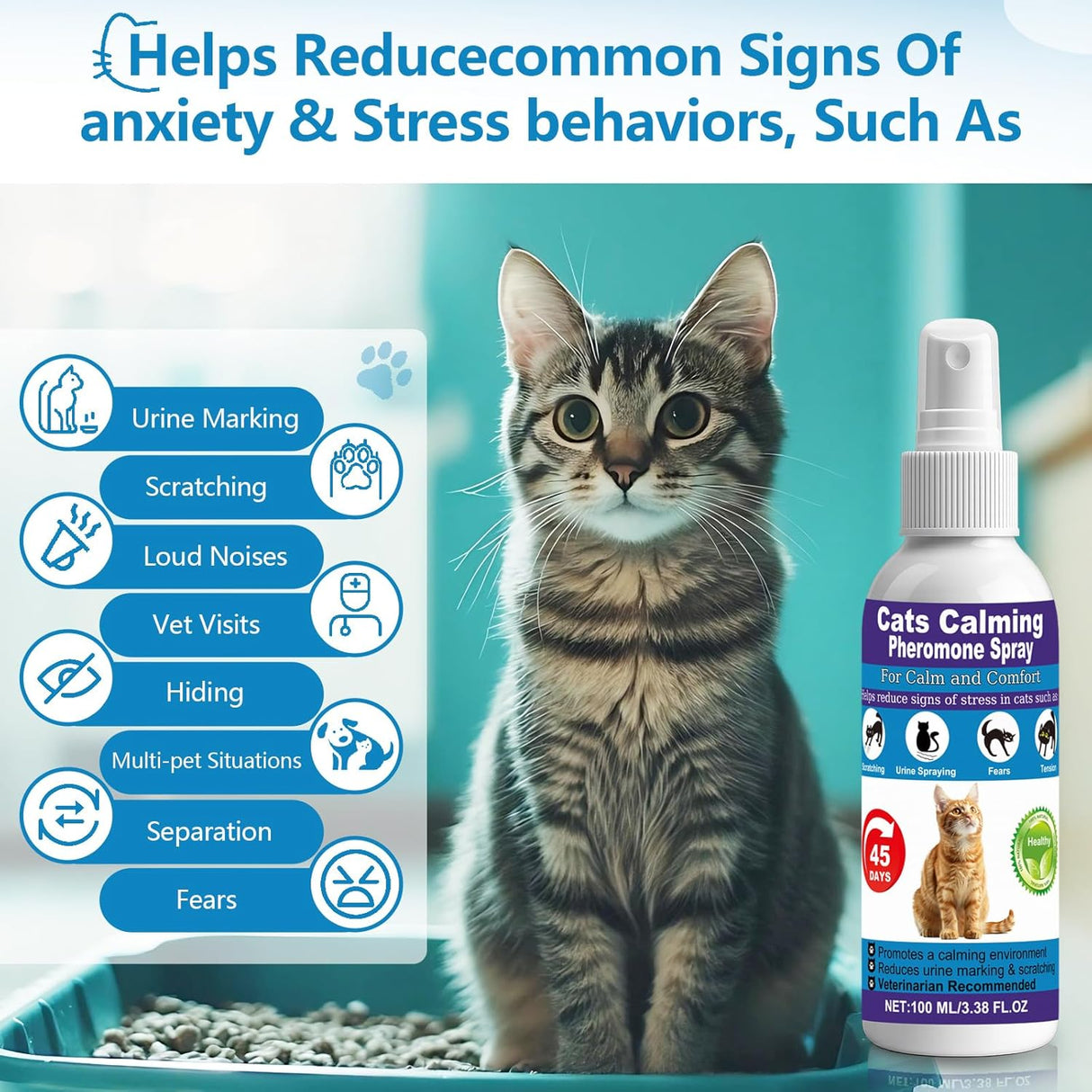 TKMTCNOP Cat Calming Pheromone Spray for Stress & Anxiety Relief 100Ml. 2 Pack