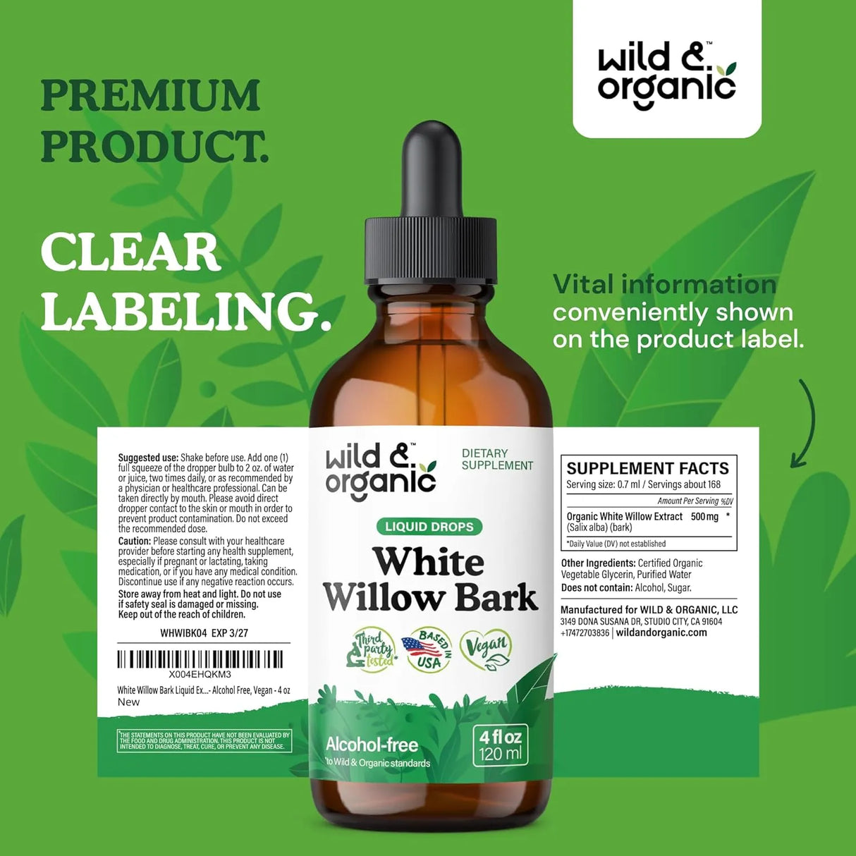 WILD & ORGANIC - Wild & Organic White Willow Bark Extract Liquid Drops 4 Fl.Oz. - The Red Vitamin MX - Suplementos Alimenticios - {{ shop.shopifyCountryName }}
