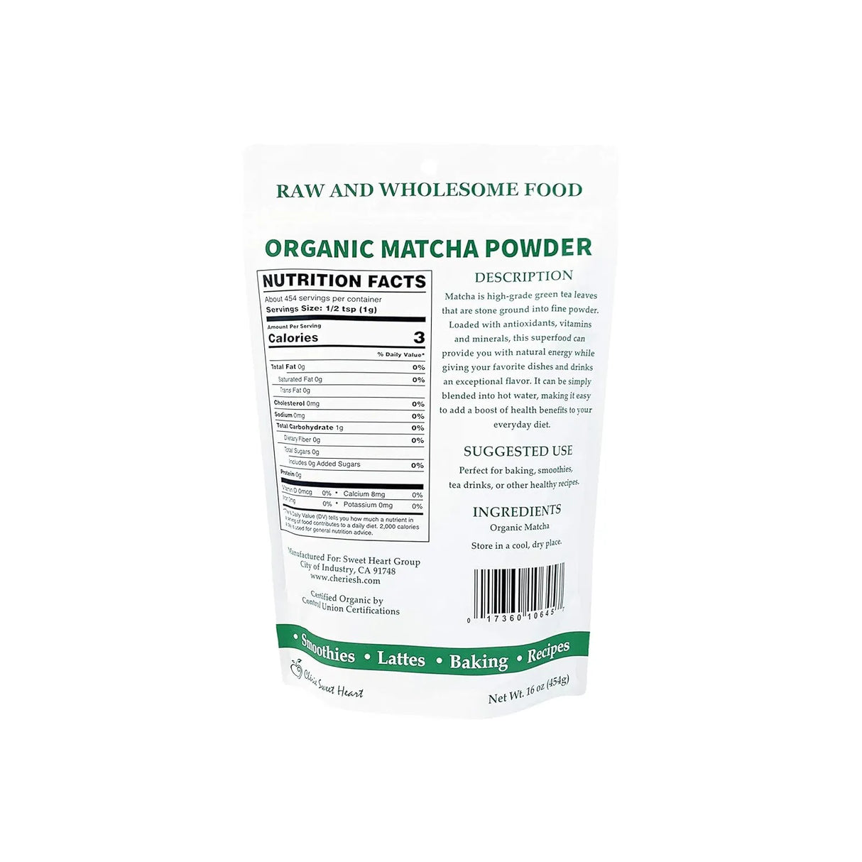 CHERIE SWEET HEART - Cherie Sweet Heart Organic Matcha Powder 454Gr. - The Red Vitamin MX - Suplementos Alimenticios - {{ shop.shopifyCountryName }}