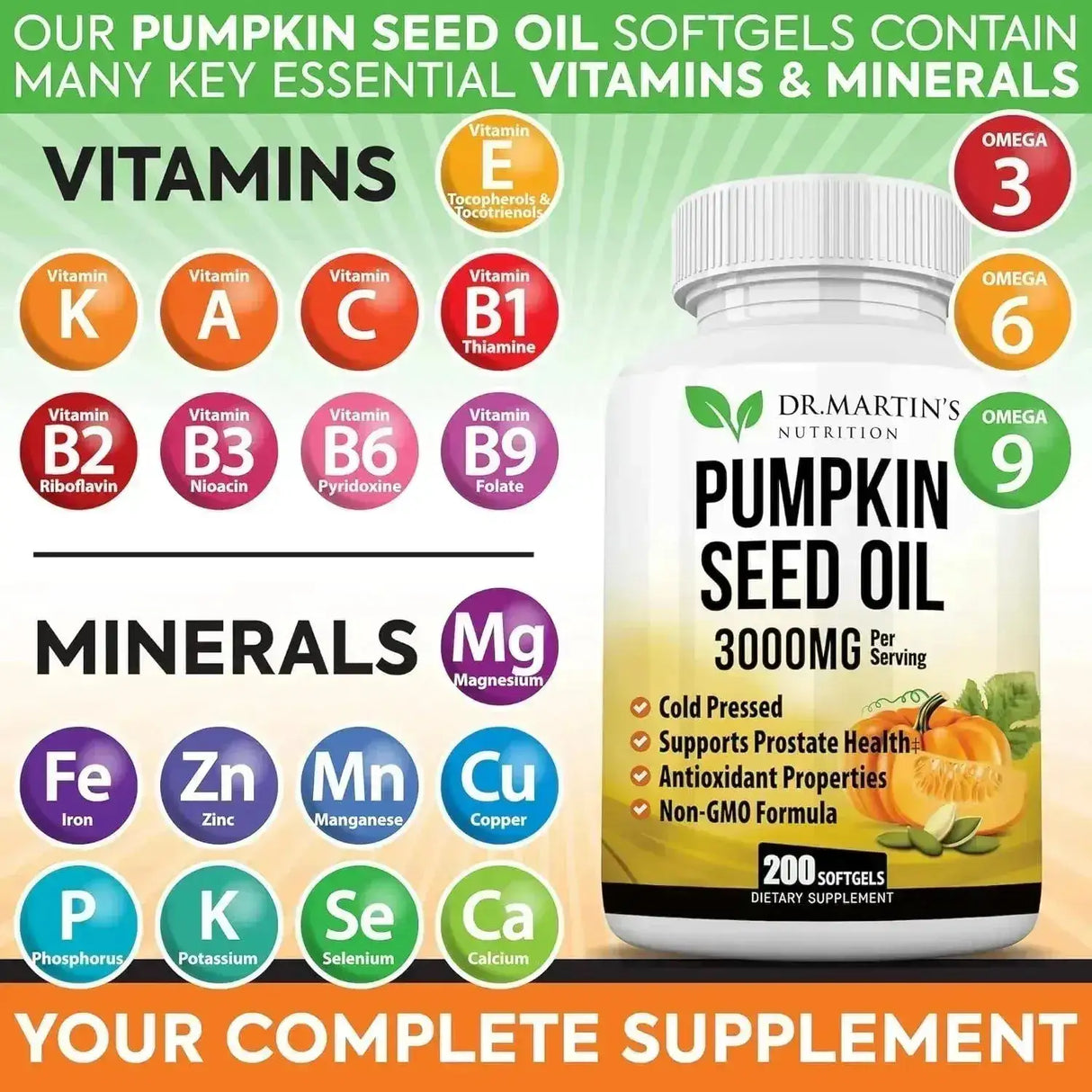 DR. MARTIN'S NUTRITION - DR. MARTIN'S NUTRITION Cold Pressed Pumpkin Seed Oil 3000Mg. 200 Capsulas Blandas - The Red Vitamin MX - Suplementos Alimenticios - {{ shop.shopifyCountryName }}