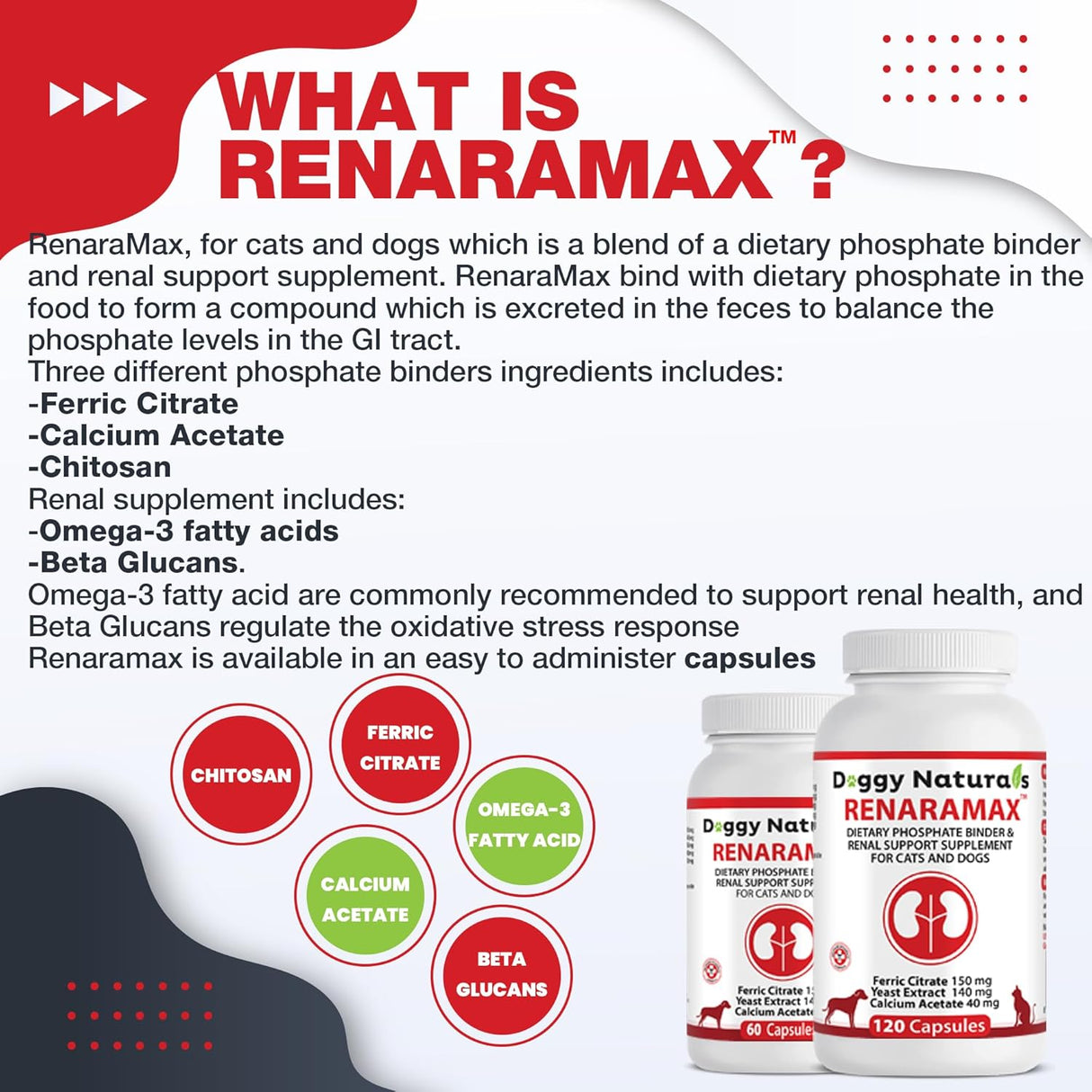 Doggy Naturals RENARAMAX Dietary Phosphate Binder and Renal Support for Cats and Dogs 120 Capsulas
