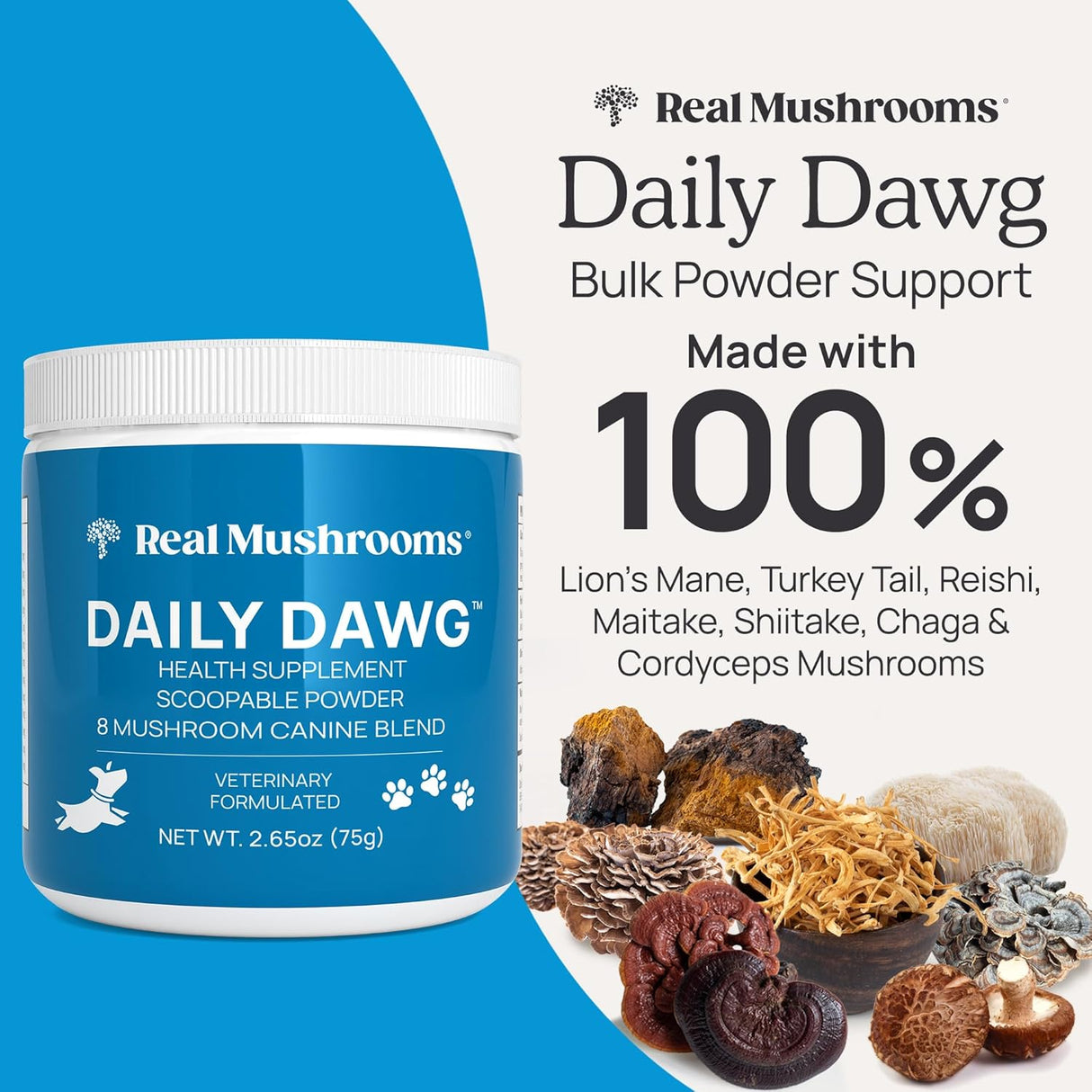 REAL MUSHROOMS - Real Mushrooms Daily Dawg Mushroom Blend for Dogs 75Gr. - The Red Vitamin MX - Suplementos Herbales Para Perros - {{ shop.shopifyCountryName }}