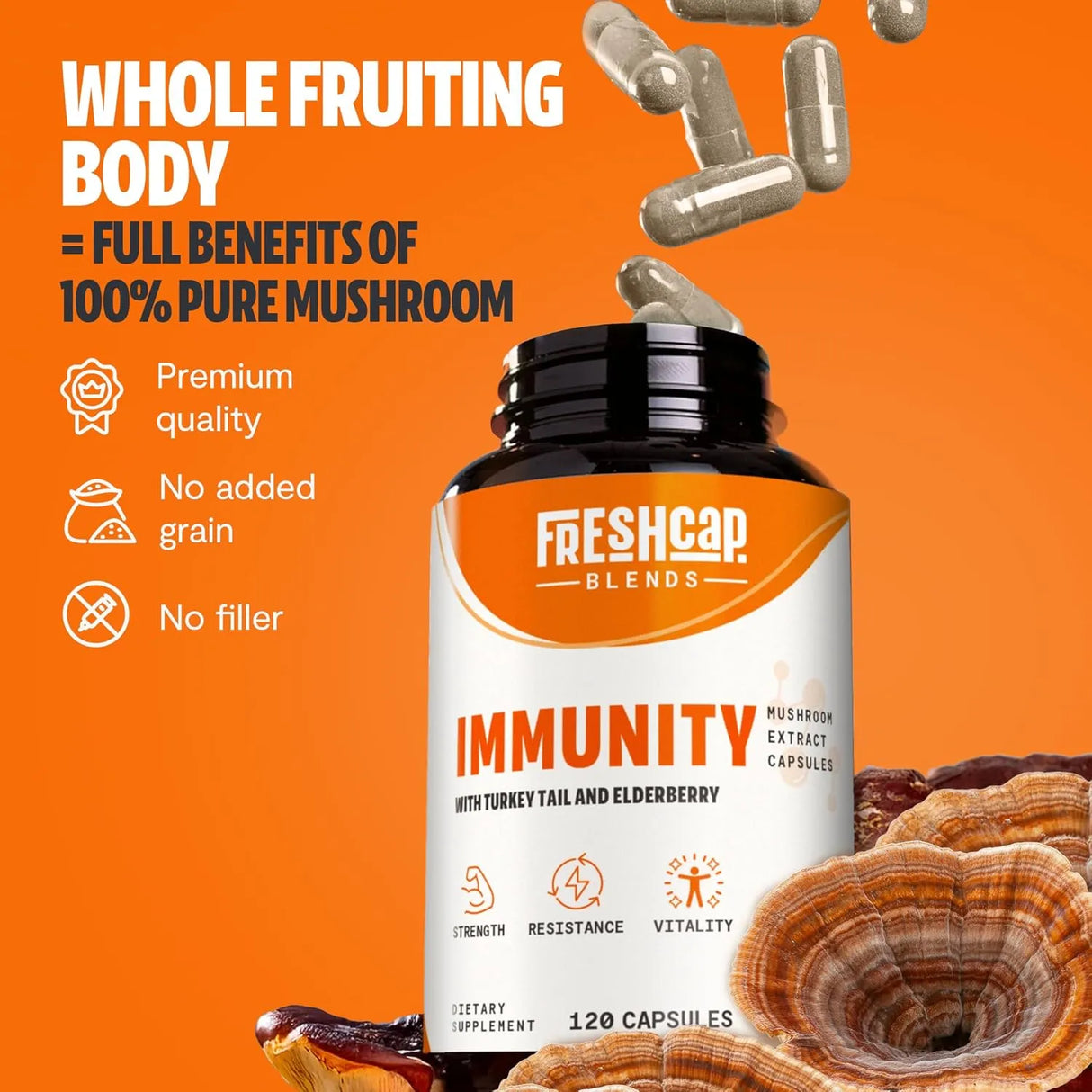 FRESHCAP - FreshCap 7-in-1 Immune Support Turkey Tail Mushroom and Elderberry 120 Capsulas - The Red Vitamin MX - Suplementos Alimenticios - {{ shop.shopifyCountryName }}