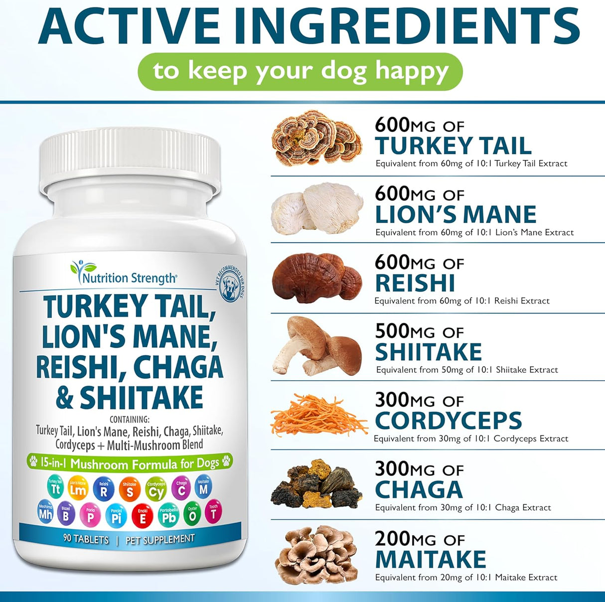 NUTRITION STRENGTH - Nutrition Strength 15-in-1 Mushrooms for Dogs 90 Tabletas - The Red Vitamin MX - Suplementos Herbales Para Perros - {{ shop.shopifyCountryName }}