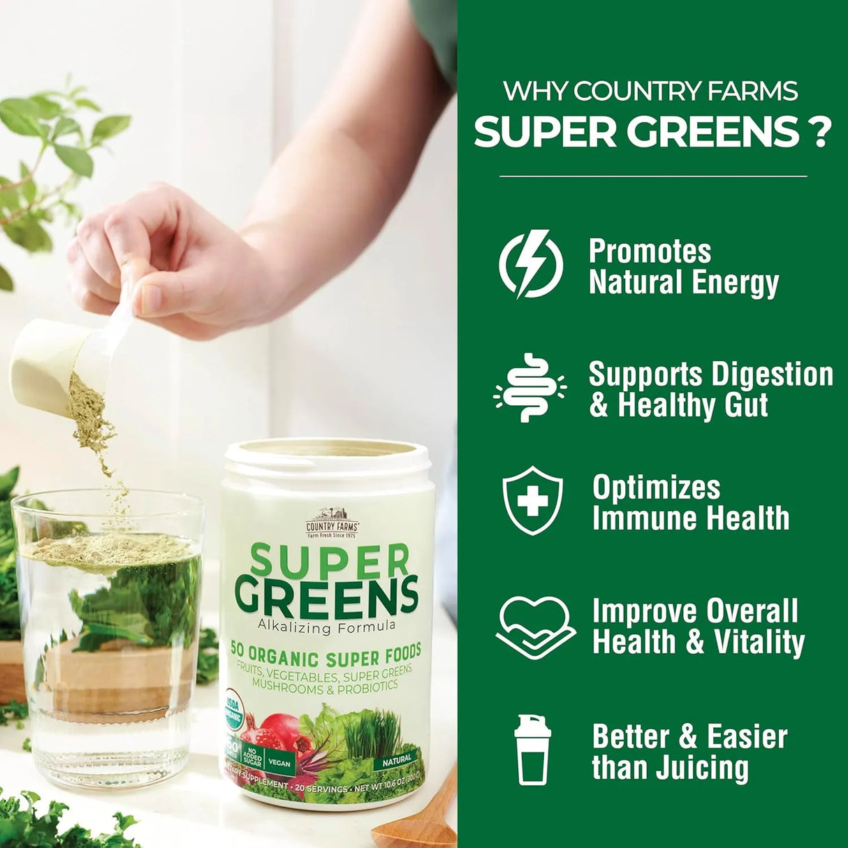 COUNTRY FARMS - COUNTRY FARMS Organic Super Greens Natural Flavor 300Gr. - The Red Vitamin MX - Suplementos Alimenticios - {{ shop.shopifyCountryName }}