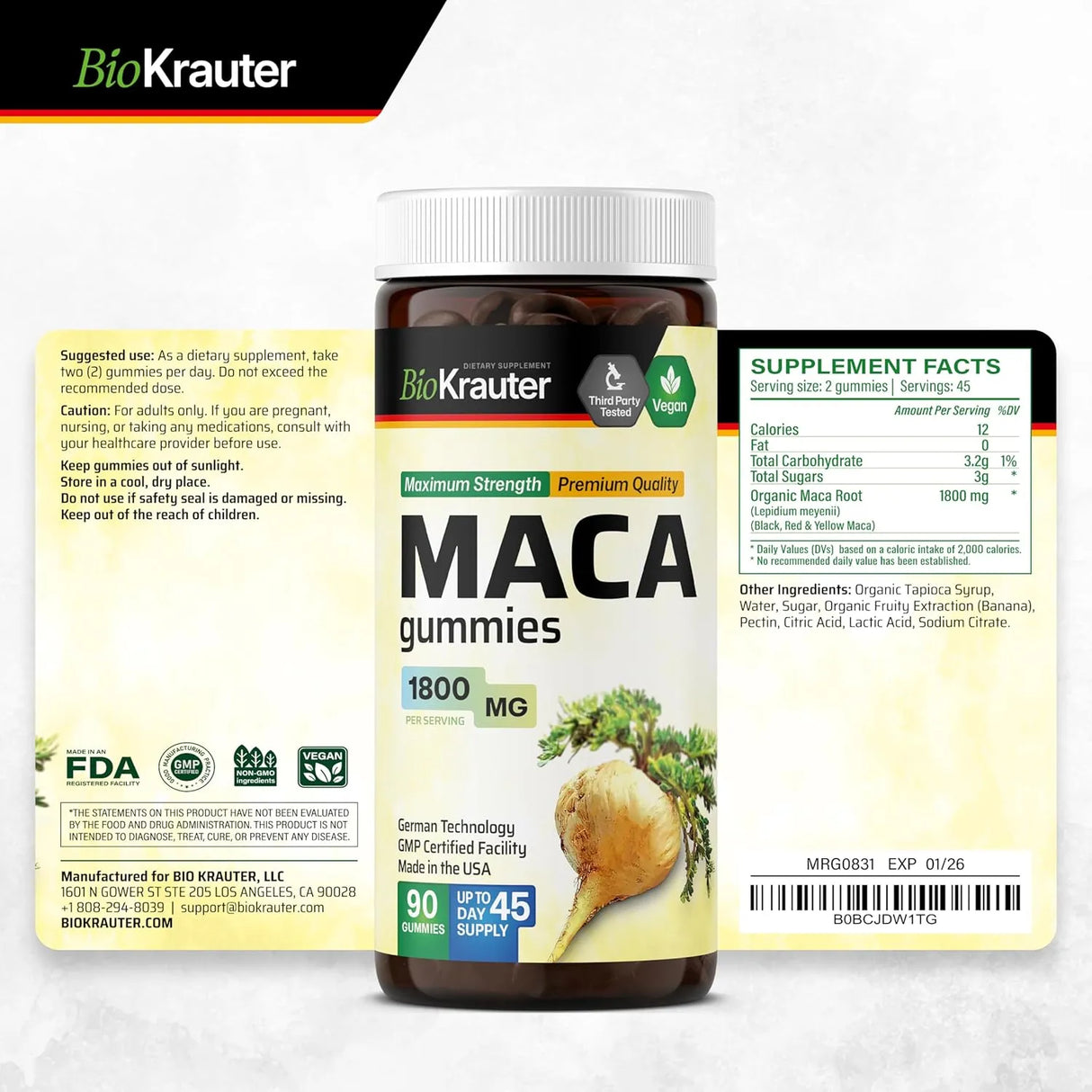 BIOKRAUTER - BIO KRAUTER Maca Root Gummies 1800Mg. 90 Gomitas - The Red Vitamin MX - Suplementos Alimenticios - {{ shop.shopifyCountryName }}