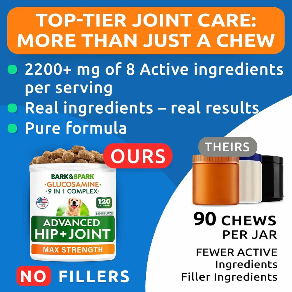 BARK&SPARK - Bark&Spark Senior Advanced Glucosamine Chondroitin for Dogs 120 Masticables - The Red Vitamin MX - Cuidado De Cadera Y Articulaciones Para Perros - {{ shop.shopifyCountryName }}