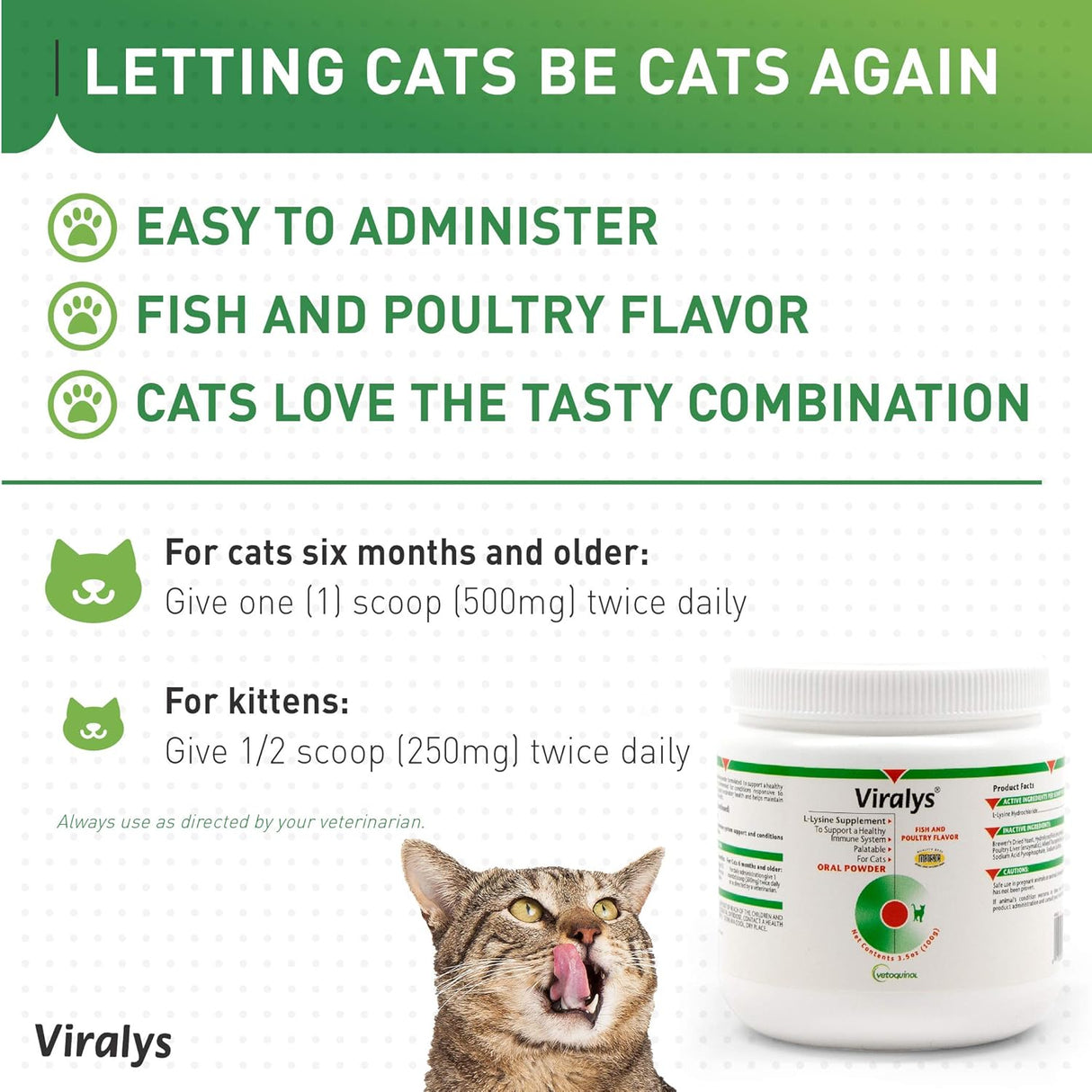 Vetoquinol Viralys Daily L-Lysine Powder for Cats and Kittens 100Gr.