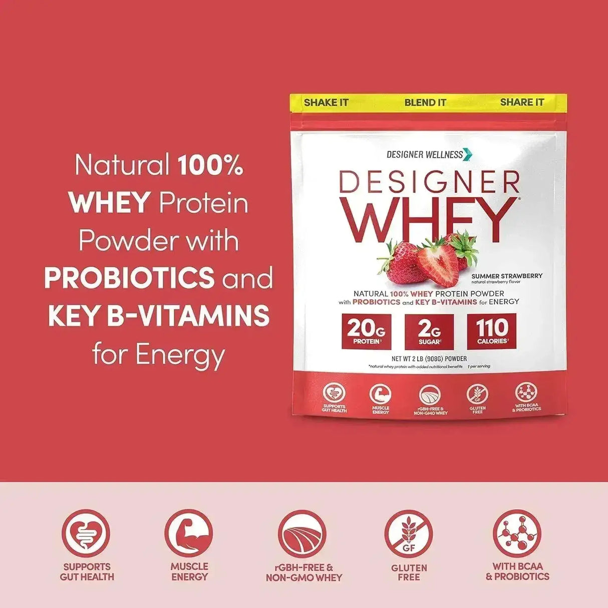 DESIGNER WELLNESS - Designer Wellness Designer Whey Natural Whey Protein Powder Summer Strawberry 908Gr. - The Red Vitamin MX - Suplementos Alimenticios - {{ shop.shopifyCountryName }}