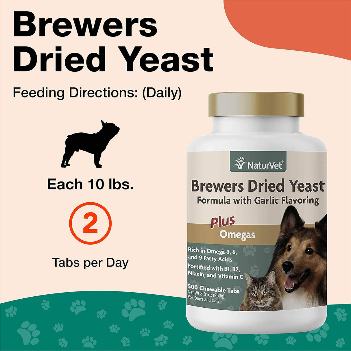 NaturVet Brewer’s Dried Yeast Formula with Garlic Flavoring Plus Omegas 500 Tabletas Masticables