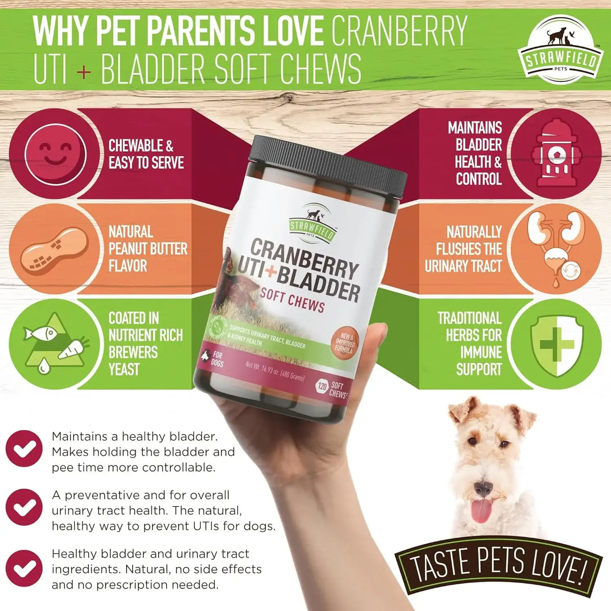 STRAWFIELD PETS - Strawfield Pets Cranberry UTI Treatment for Dogs Peanut Butter Flavor 120 Masticables - The Red Vitamin MX - Salud De Tracto Urinario Para Perros - {{ shop.shopifyCountryName }}