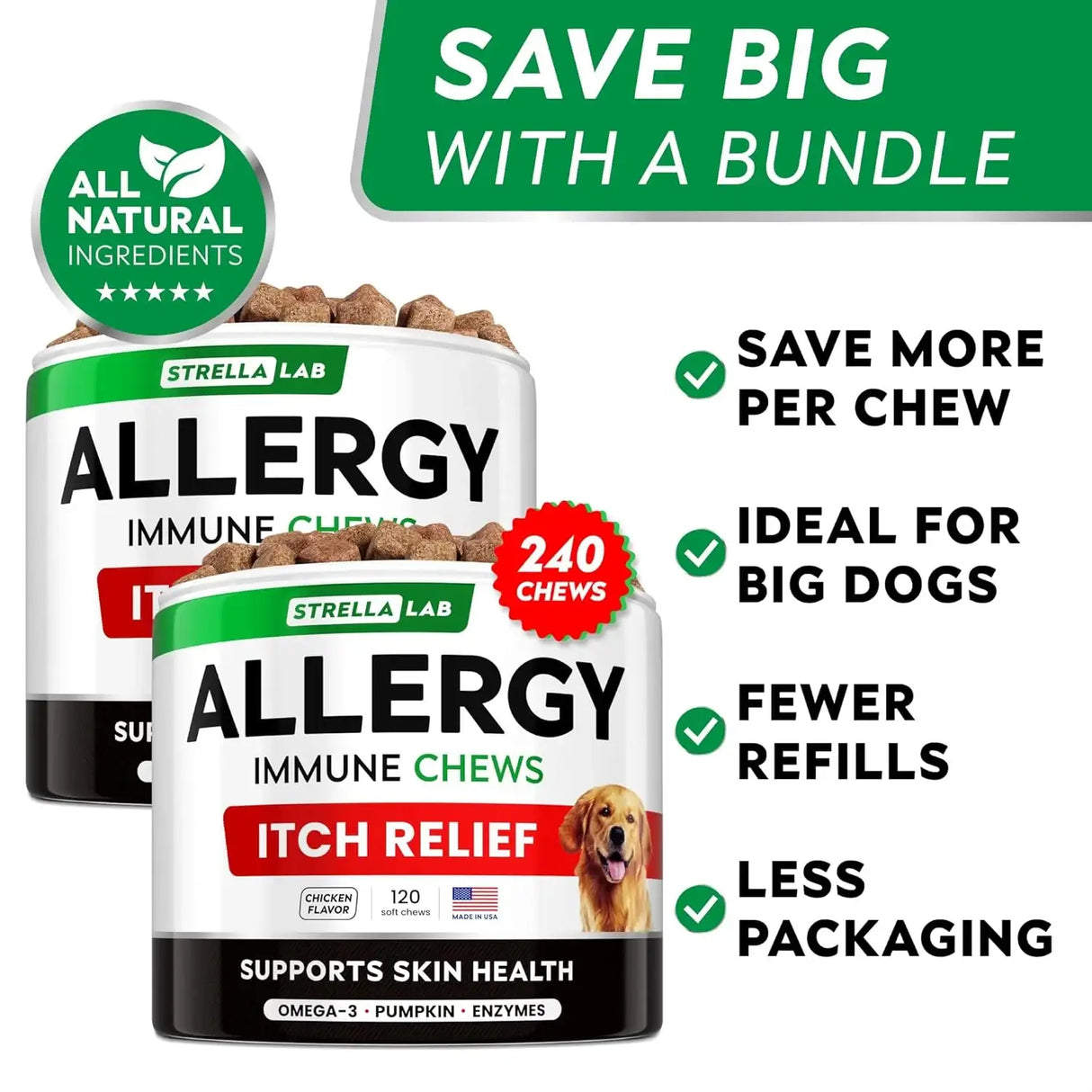 STRELLALAB - StrellaLab Dog Allergy Relief & Anti Itch Support Chews Chicken 120 Masticables 2 Pack - The Red Vitamin MX - Remedios Para La Picazón De Perros - {{ shop.shopifyCountryName }}