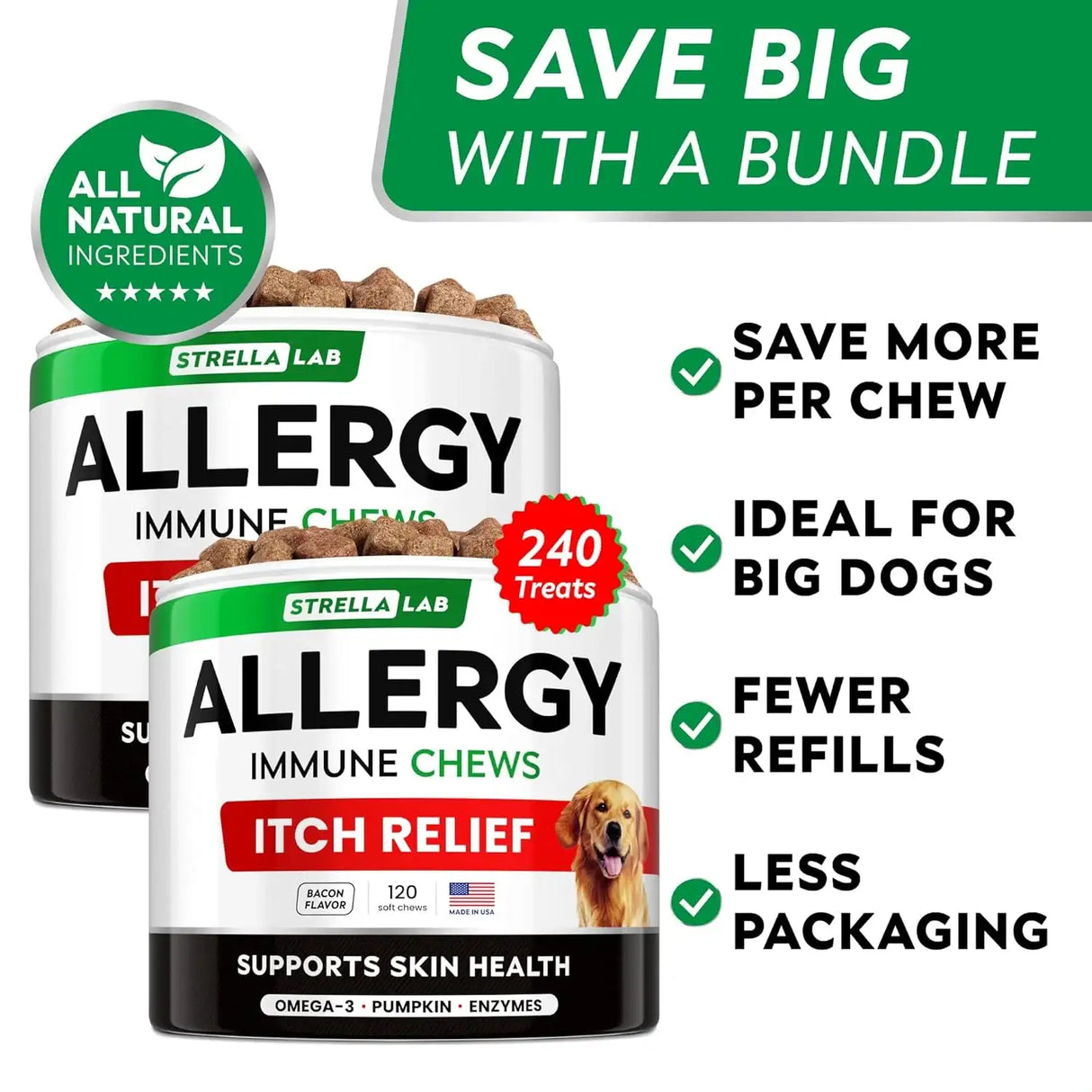 STRELLALAB - StrellaLab Dog Allergy Relief & Anti Itch Support Chews Bacon 120 Masticables 2 Pack - The Red Vitamin MX - Remedios Para La Picazón De Perros - {{ shop.shopifyCountryName }}