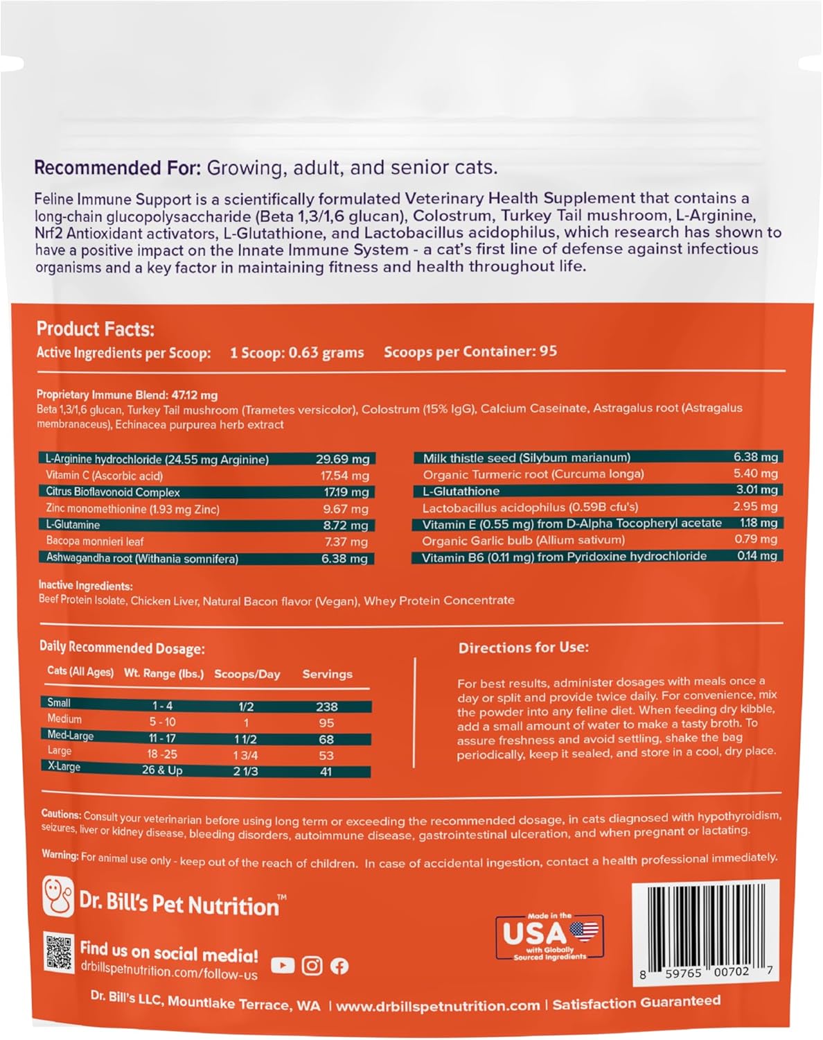 Dr. Bill’s Feline Immune Support Boosts Cat Immunity 60Gr.