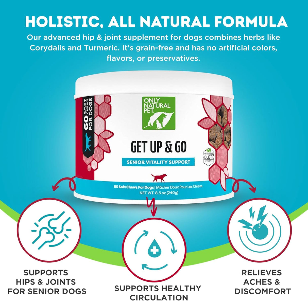 Only Natural Pet Get Up & Go Herbal Joint Support Supplement for Dogs 60 Masticables