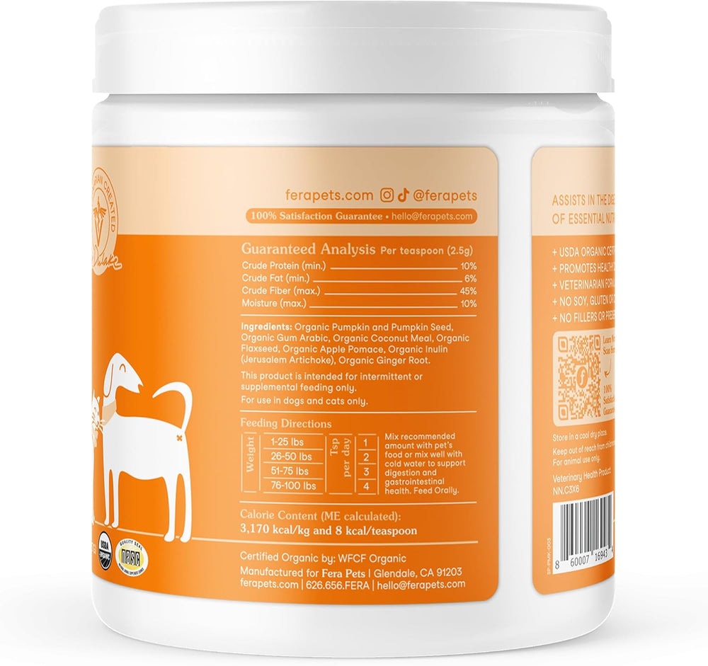 Fera Pet Organics Pumpkin Plus Fiber Supplement for Pets 90 Servicios 227Gr.