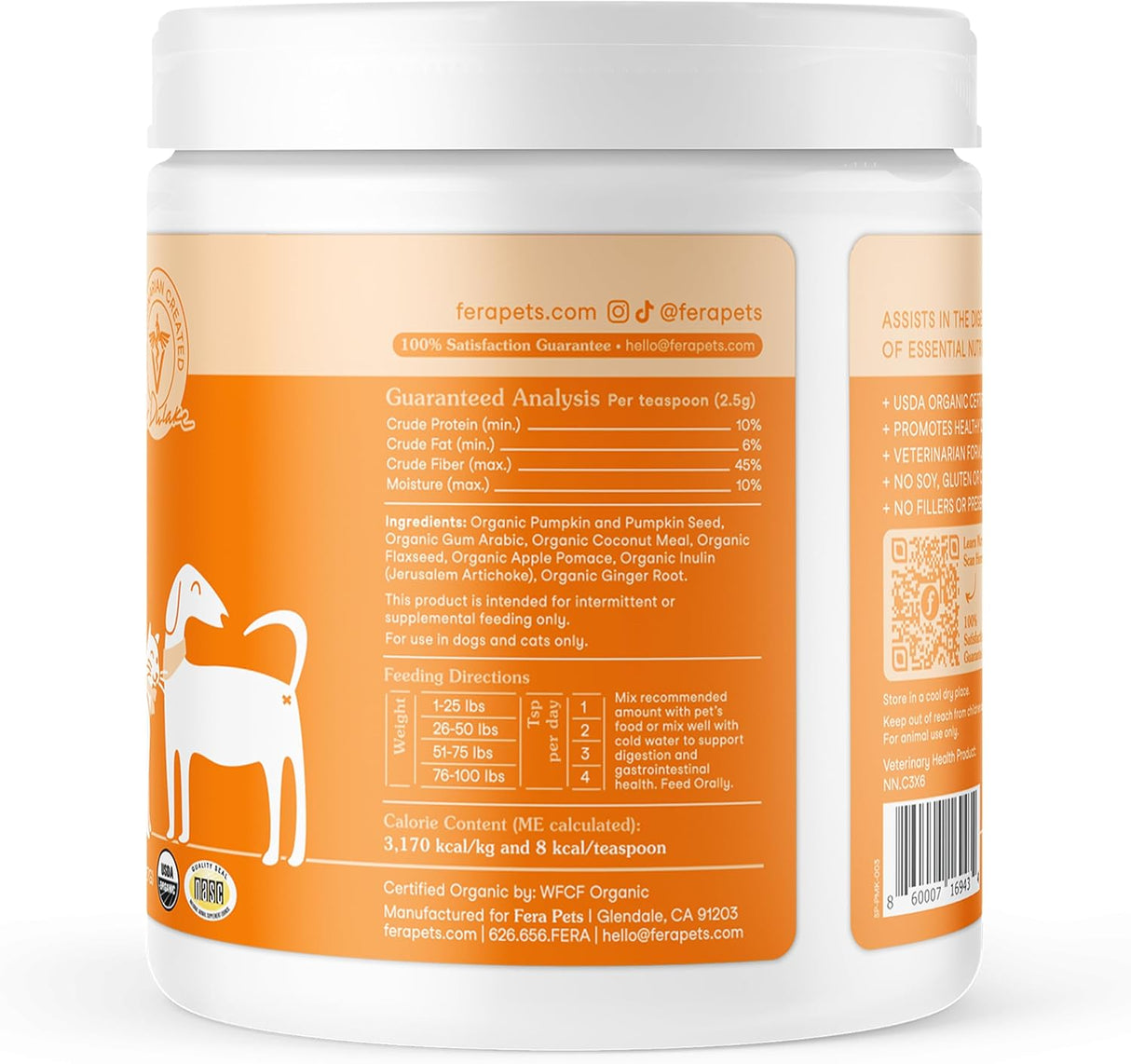 Fera Pet Organics Pumpkin Plus Fiber Supplement for Pets 90 Servicios 227Gr.