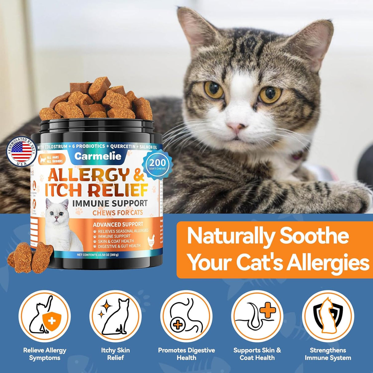 Carmelie Cat Allergy Relief Chews Chicken Flavor 200 Masticables