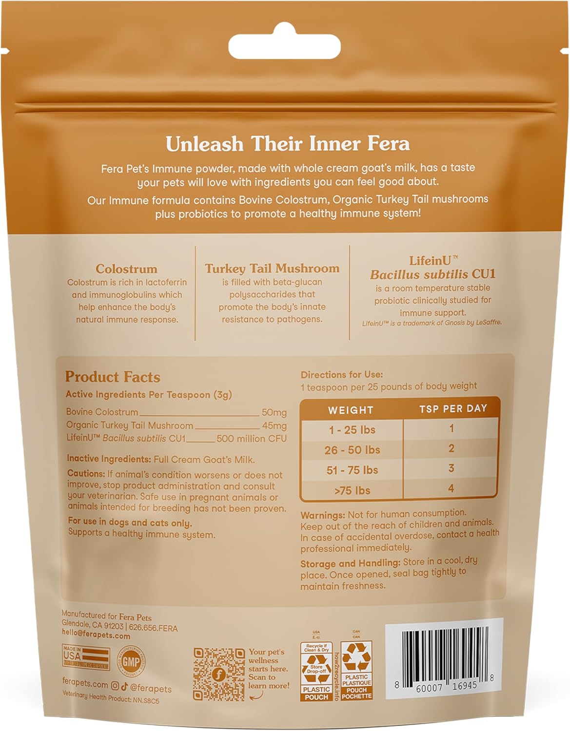 Fera Pet Organics Immune Goat Milk Cat & Dog 60 Servicios 180Gr.