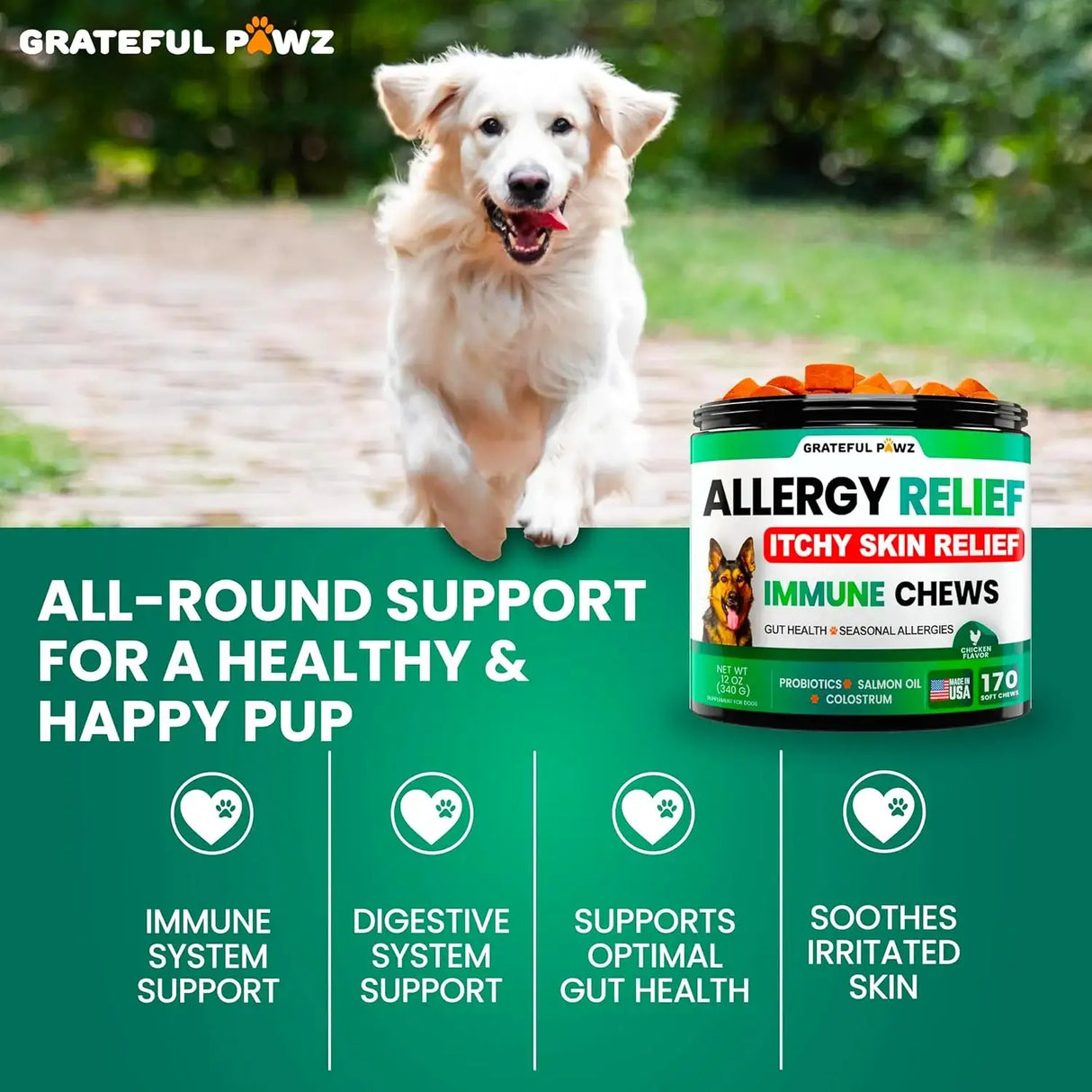 GRATEFUL PAWZ - Grateful Pawz Dog Allergy Relief Chews 120 Masticables - The Red Vitamin MX - Remedios Para La Picazón De Perros - {{ shop.shopifyCountryName }}