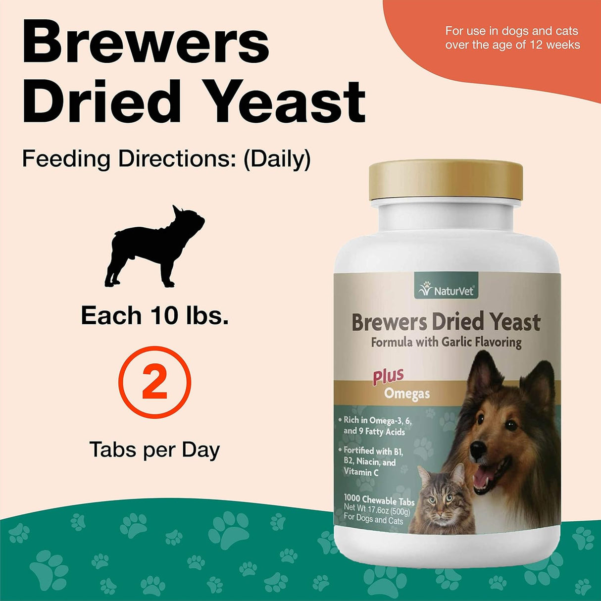 NaturVet Brewer’s Dried Yeast Formula with Garlic Flavoring Plus Omegas 1000 Tabletas Masticables