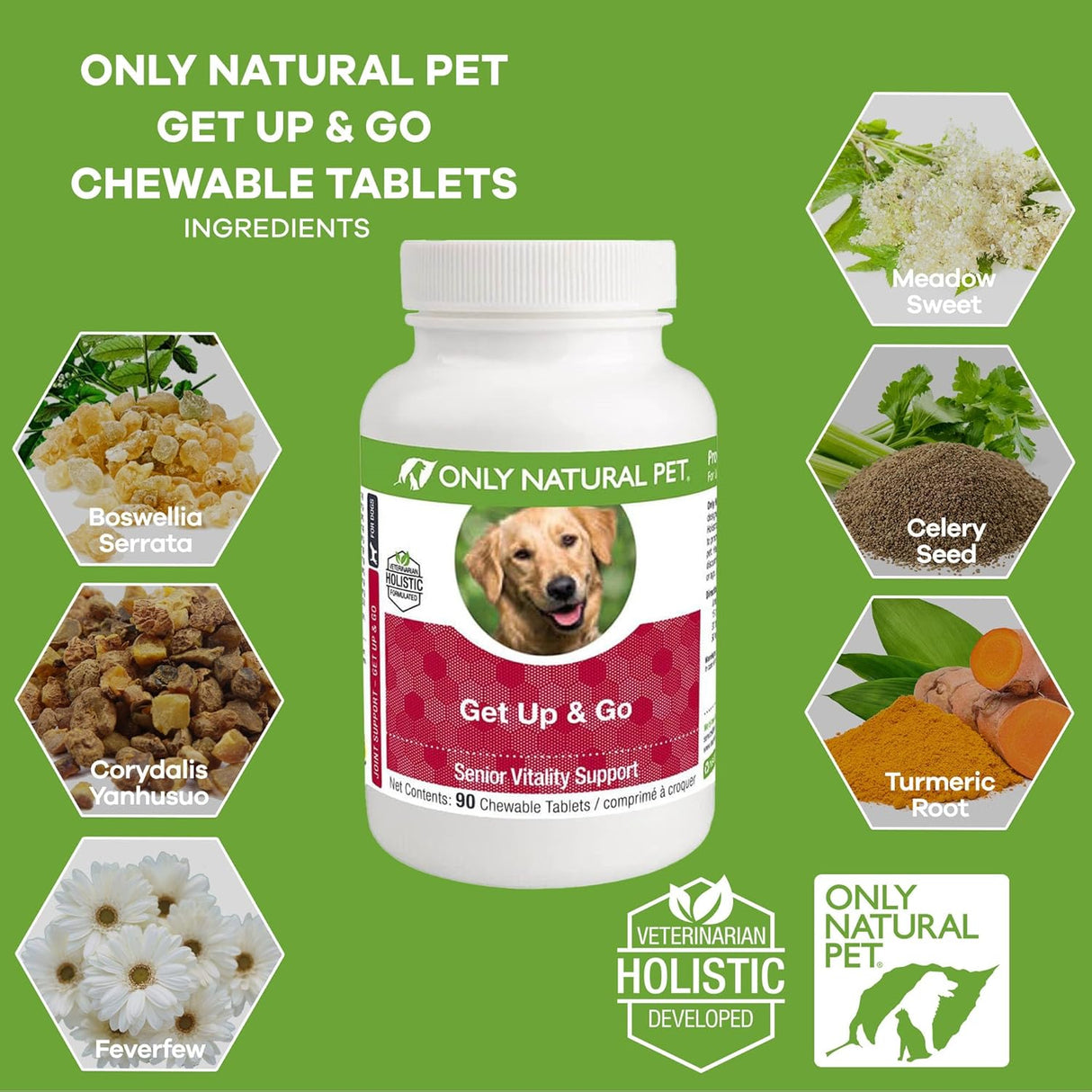 Only Natural Pet Get Up & Go Herbal Joint Support Supplement for Dogs 90 Tabletas Masticables