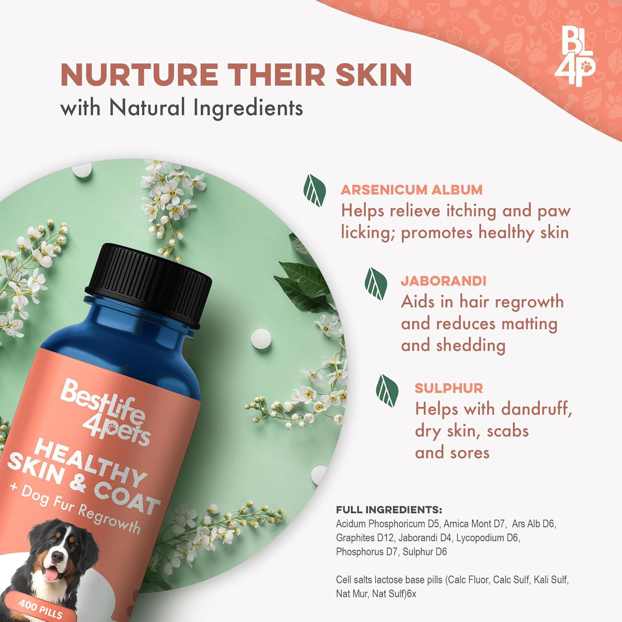 BestLife4Pets Natural Skin & Coat Supplement for Dogs 400 Tabletas