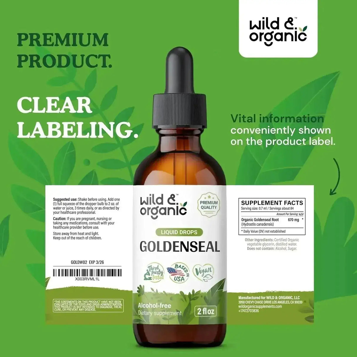 WILD & ORGANIC - Wild & Organic Goldenseal Tincture 2 Fl.Oz. - The Red Vitamin MX - Suplementos Alimenticios - {{ shop.shopifyCountryName }}