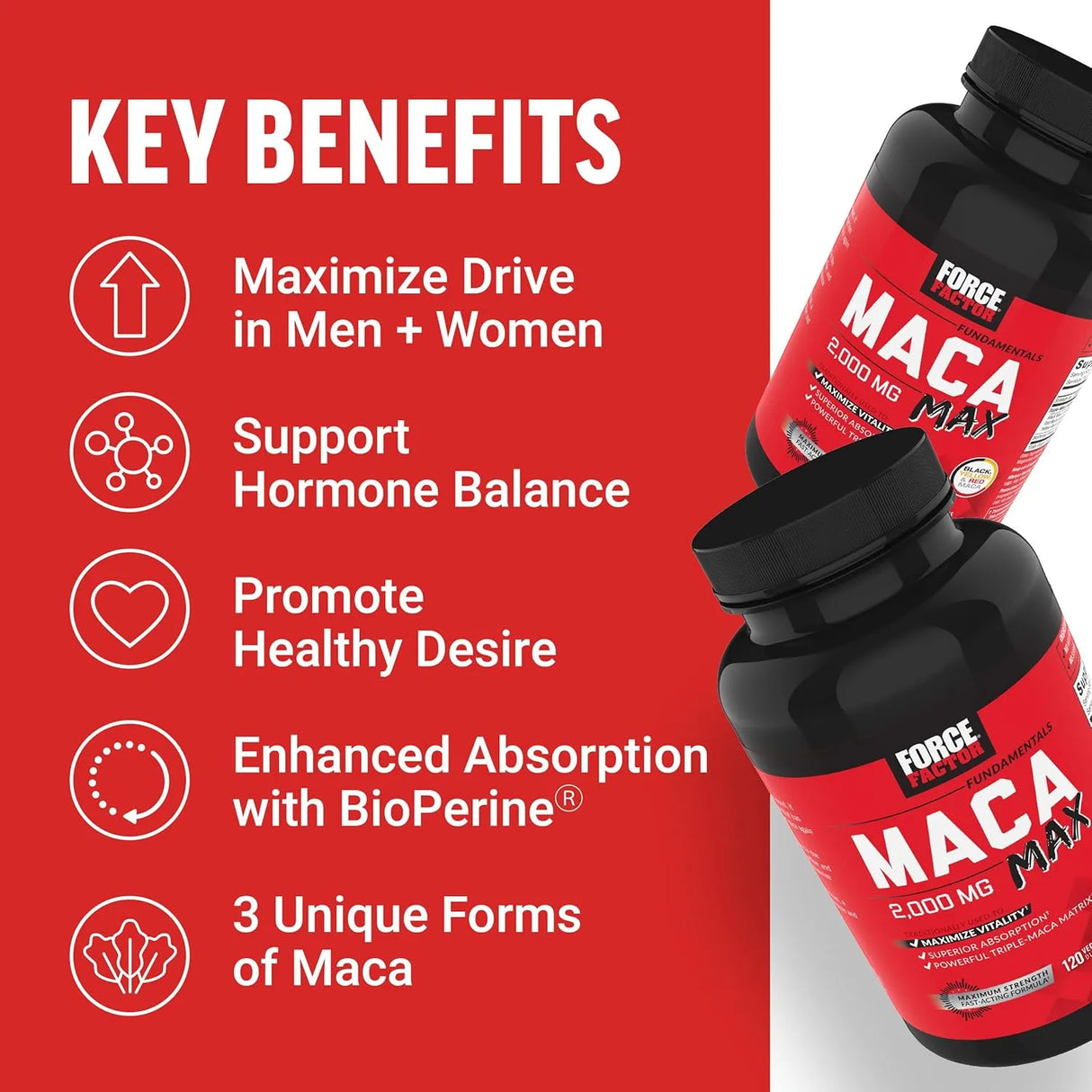 FORCE FACTOR - Force Factor Maca Max 2000Mg. 120 Capsulas - The Red Vitamin MX - Suplementos Alimenticios - {{ shop.shopifyCountryName }}
