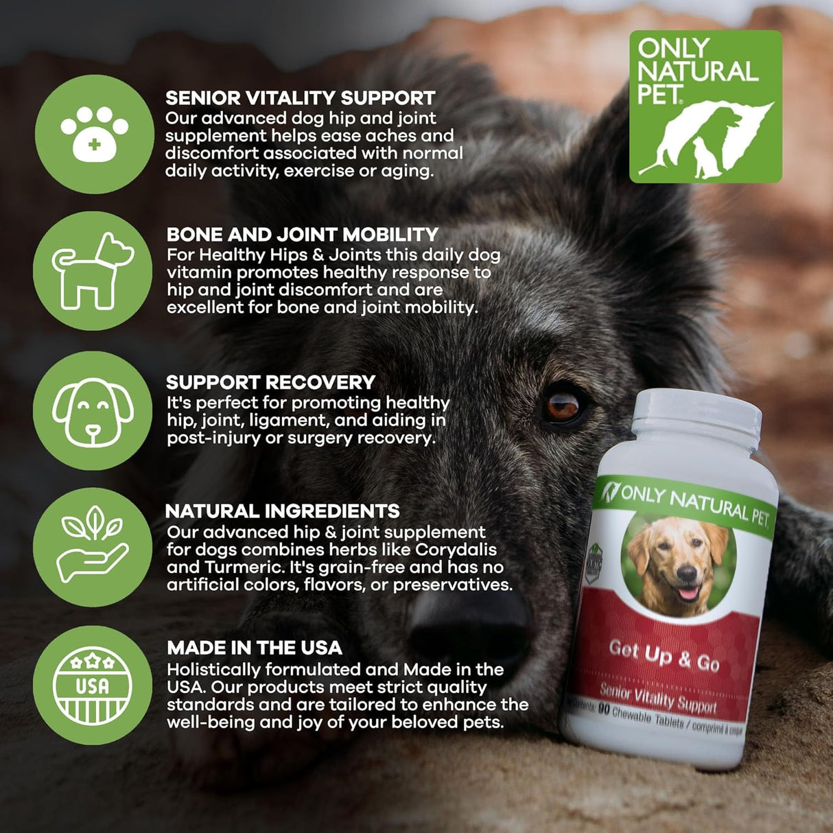 Only Natural Pet Get Up & Go Herbal Joint Support Supplement for Dogs 90 Tabletas Masticables