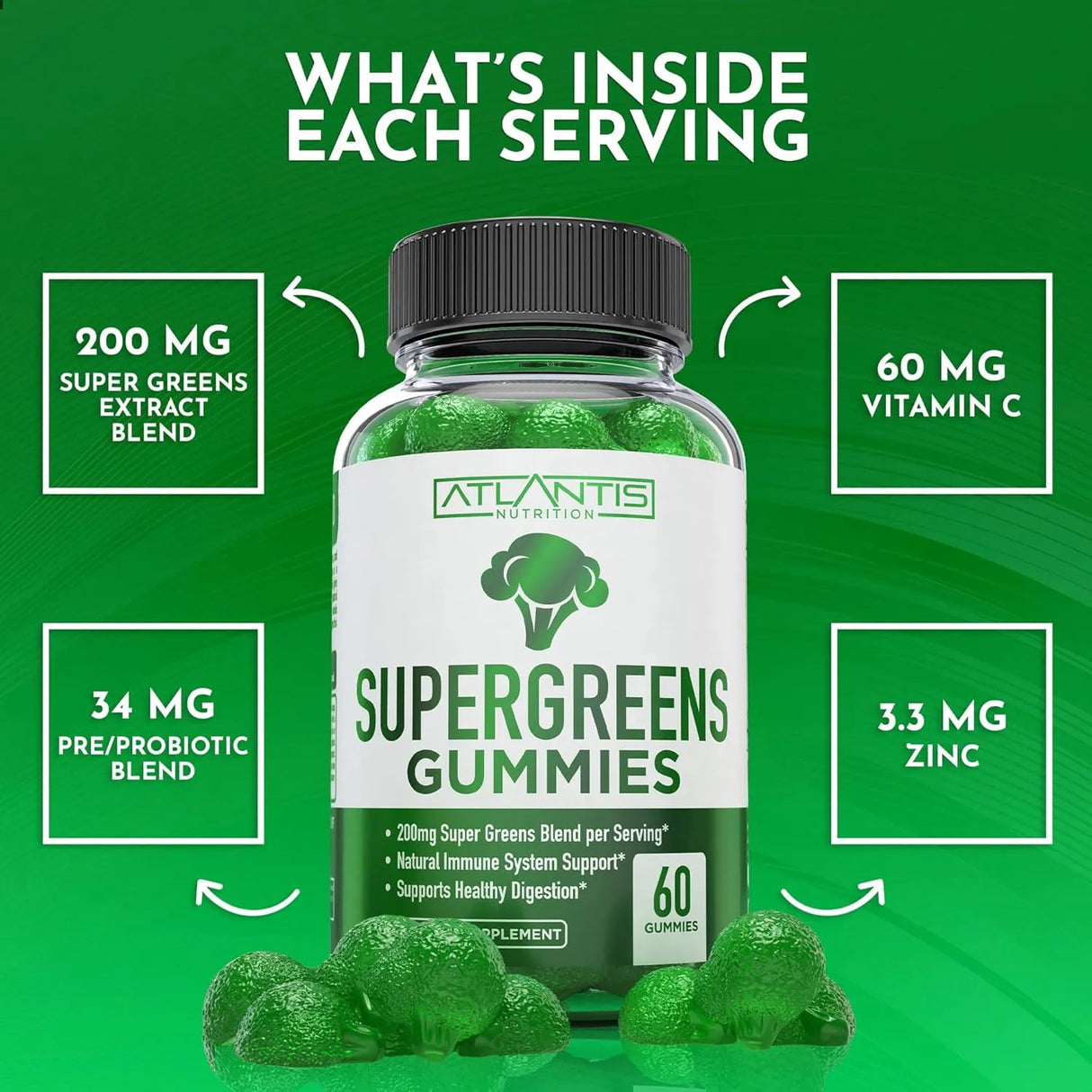 ATLANTIS NUTRITION - Atlantis Nutrition Supergreens Gummies Natural Raspberry Flavor 60 Gomitas 2 Pack - The Red Vitamin MX - Suplementos Alimenticios - {{ shop.shopifyCountryName }}