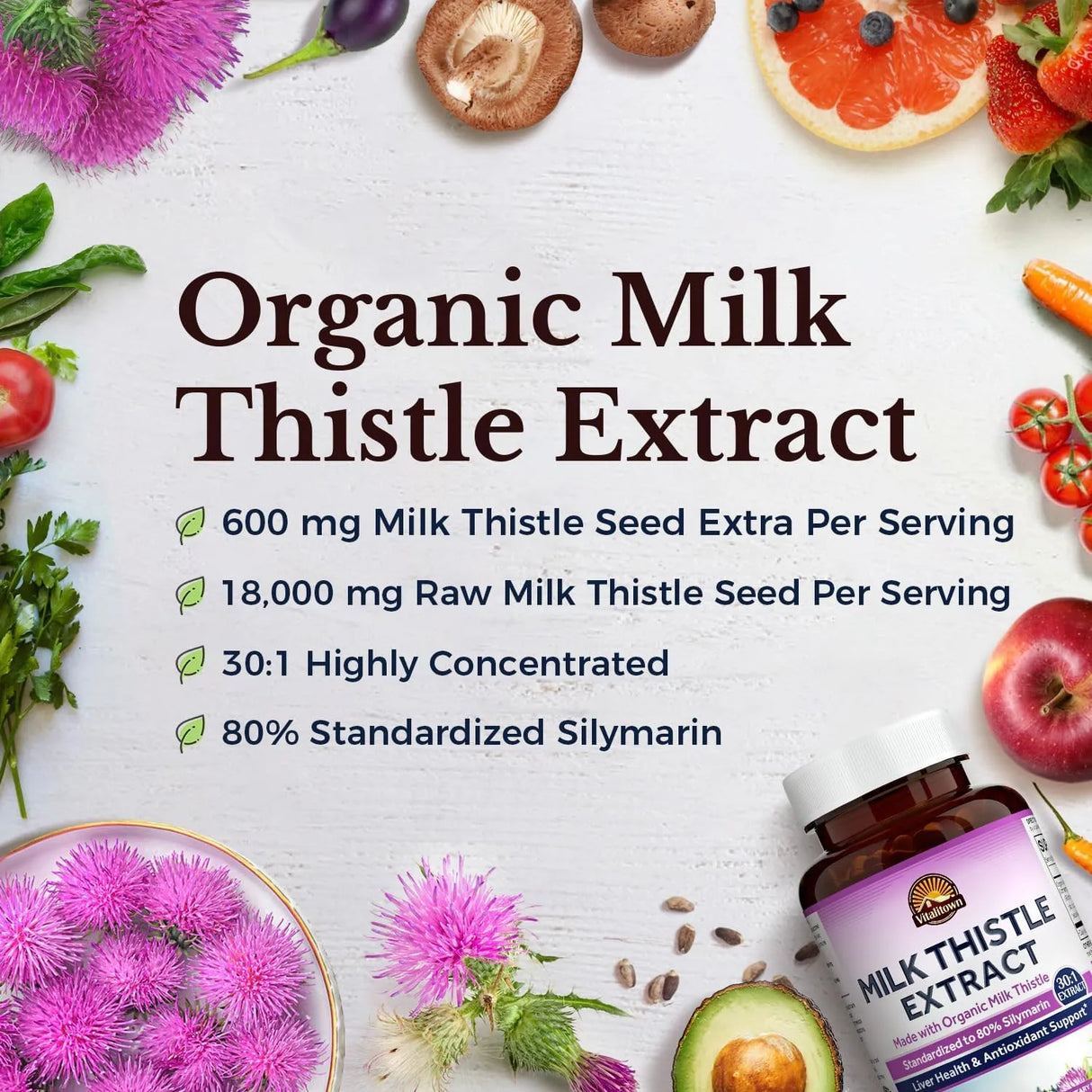 VITALITOWN - Vitalitown Organic Milk Thistle 600Mg. 120 Capsulas - The Red Vitamin MX - Suplementos Alimenticios - {{ shop.shopifyCountryName }}