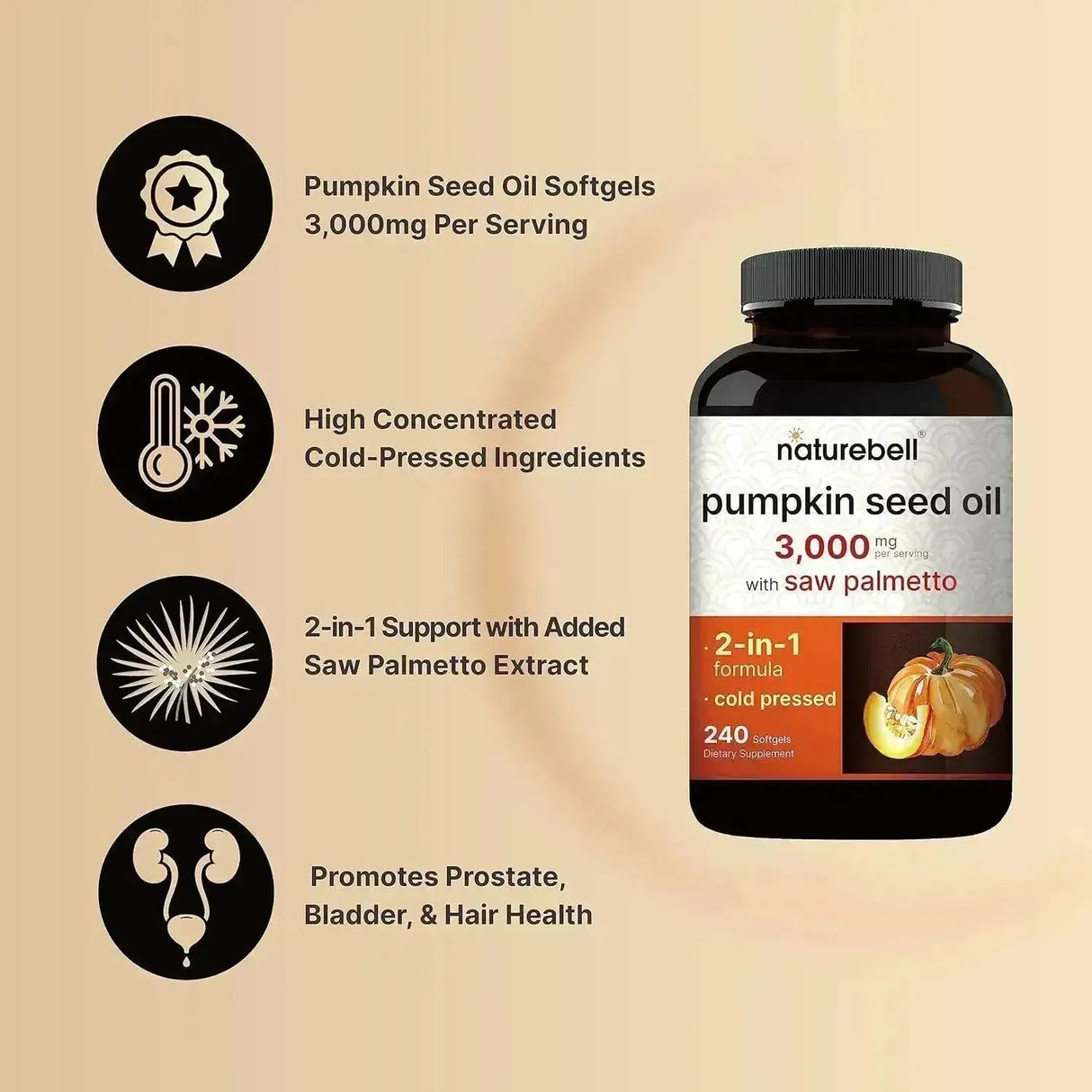 NATUREBELL - NatureBell Virgin Pumpkin Seed Oil 3,000Mg. 240 Capsulas Blandas - The Red Vitamin MX - Suplementos Alimenticios - {{ shop.shopifyCountryName }}