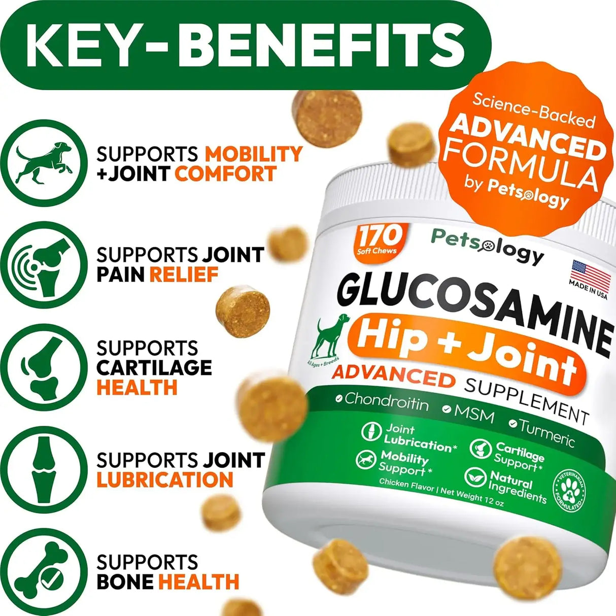 PETSOLOGY - Petsology Glucosamine for Dogs Hip and Joint Supplement 170 Masticables - The Red Vitamin MX - Cuidado De Cadera Y Articulaciones Para Perros - {{ shop.shopifyCountryName }}