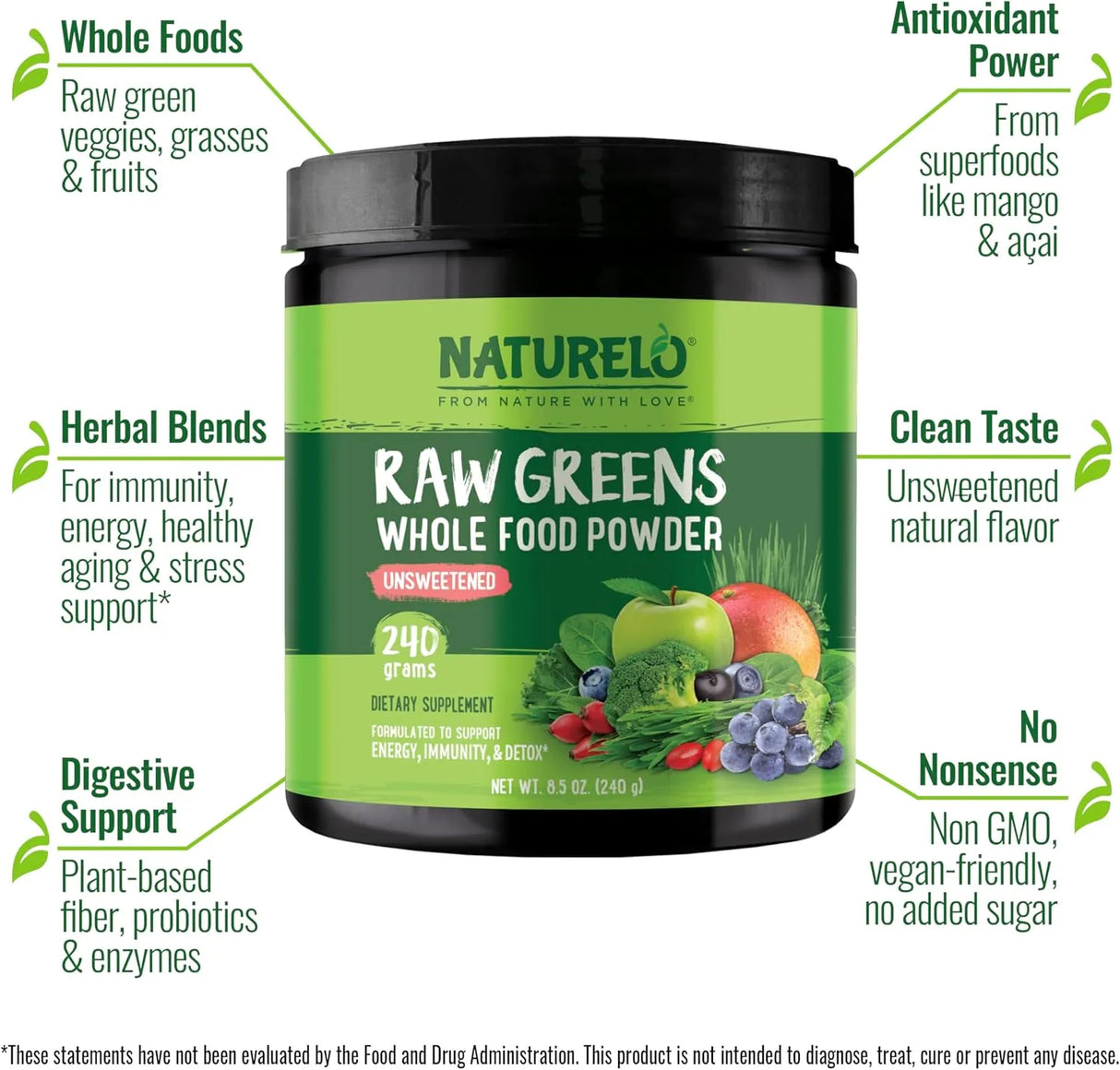 NATURELO - NATURELO Raw Greens Superfood Powder Unsweetened 240Gr. - The Red Vitamin MX - Suplementos Alimenticios - {{ shop.shopifyCountryName }}
