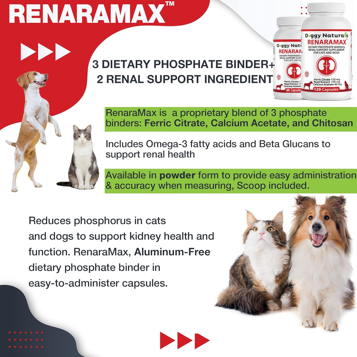 Doggy Naturals RENARAMAX Dietary Phosphate Binder and Renal Support for Cats and Dogs 120 Capsulas