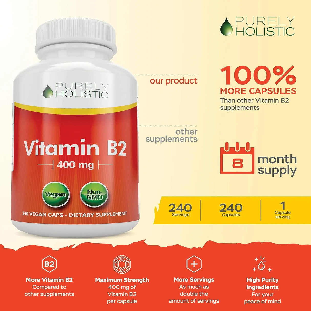 PURELY HOLISTIC - Purely Holistic Vitamin B2 Riboflavin 400Mg. 240 Capsulas - The Red Vitamin MX - Suplementos Alimenticios - {{ shop.shopifyCountryName }}