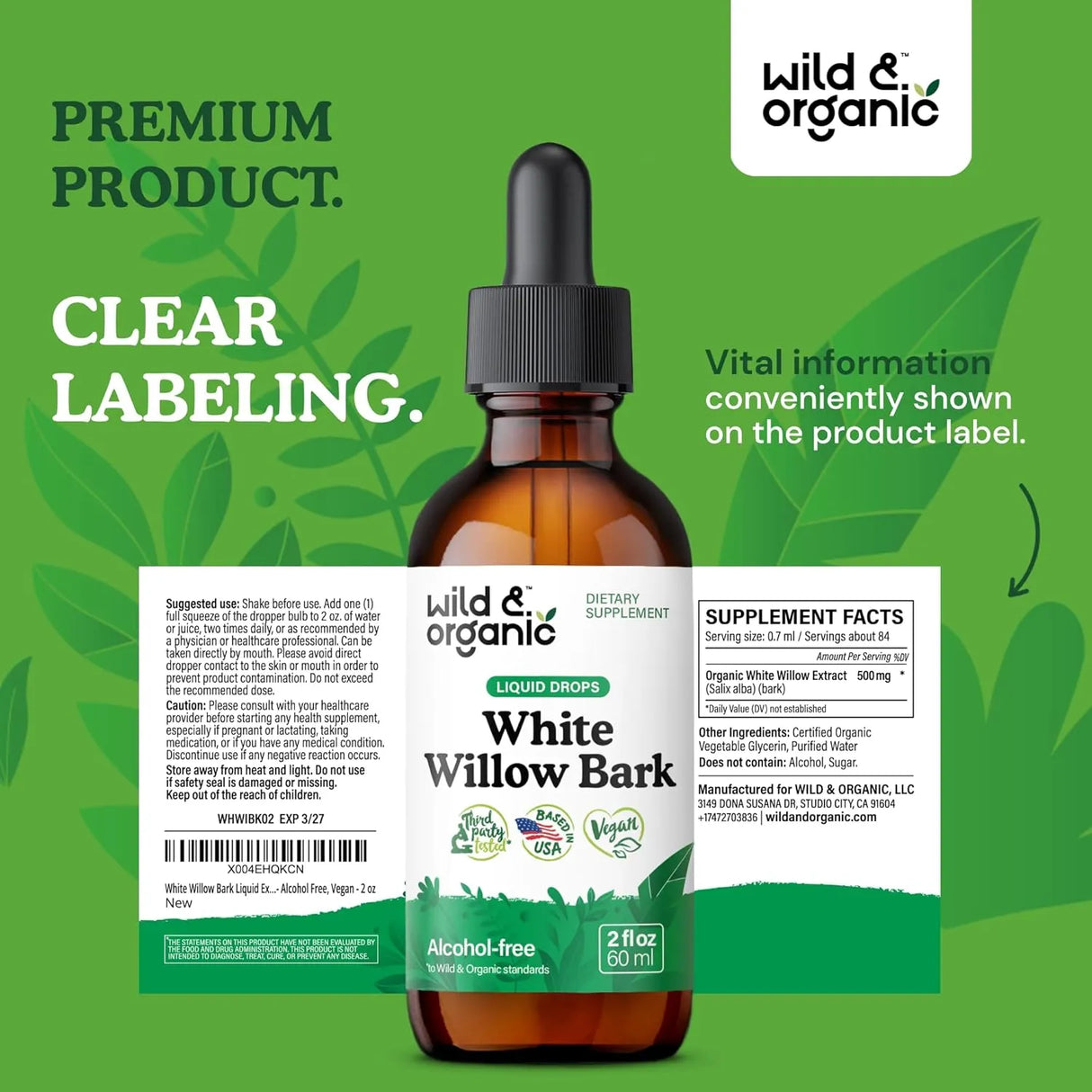WILD & ORGANIC - Wild & Organic White Willow Bark Extract Liquid Drops 2 Fl.Oz. - The Red Vitamin MX - Suplementos Alimenticios - {{ shop.shopifyCountryName }}