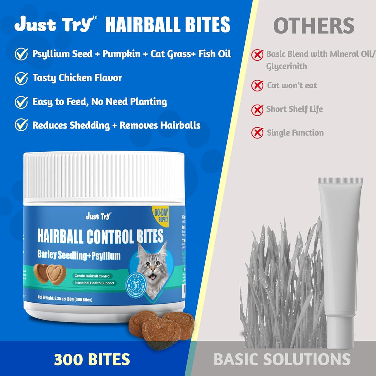 Just Try Cat Grass Hairball Relief & Digestive Support Cat Treats 300 Masticables