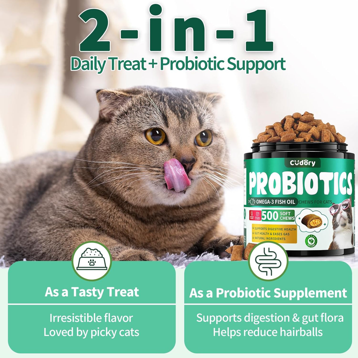 Cudory Cat Probiotics Tasty Chews for Digestive & Gut Support 500 Masticables