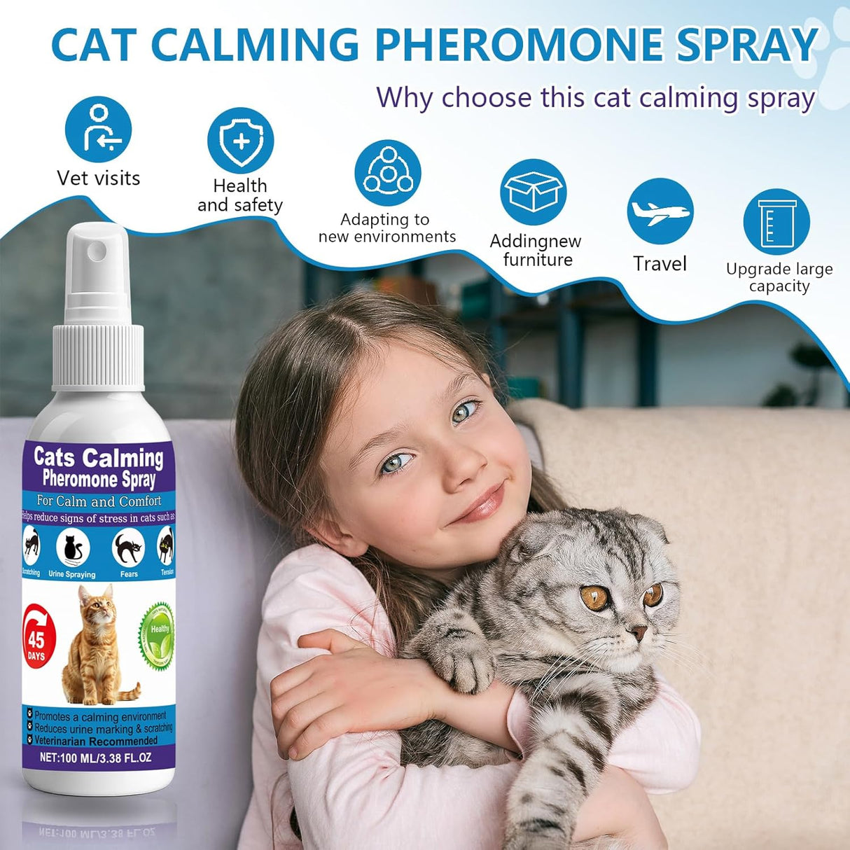 TKMTCNOP Cat Calming Pheromone Spray for Stress & Anxiety Relief 100Ml. 2 Pack