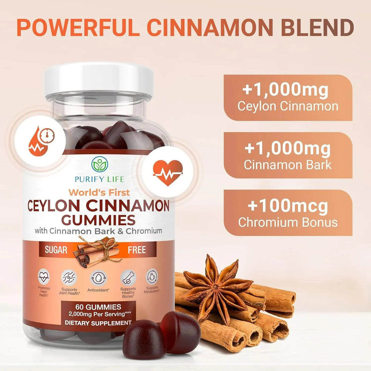 PURIFY LIFE - Purify Life Sugar-Free Ceylon Cinnamon 2000Mg. 60 Gomitas - The Red Vitamin MX - Suplementos Alimenticios - {{ shop.shopifyCountryName }}