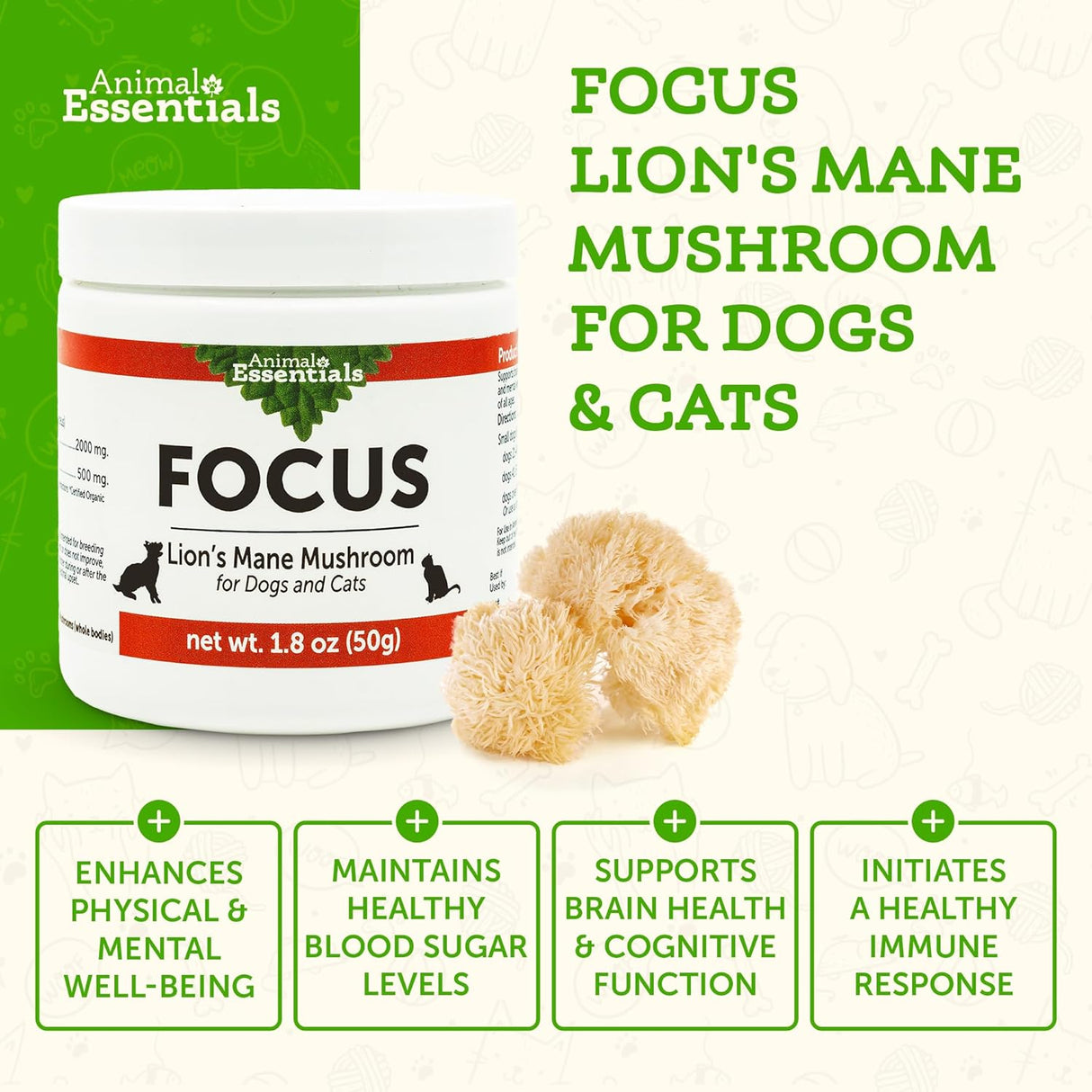 ANIMAL ESSENTIALS - Animal Essentials Focus Lions Mane Mushroom Supplement for Dogs 50Gr. - The Red Vitamin MX - Suplementos Herbales Para Perros - {{ shop.shopifyCountryName }}