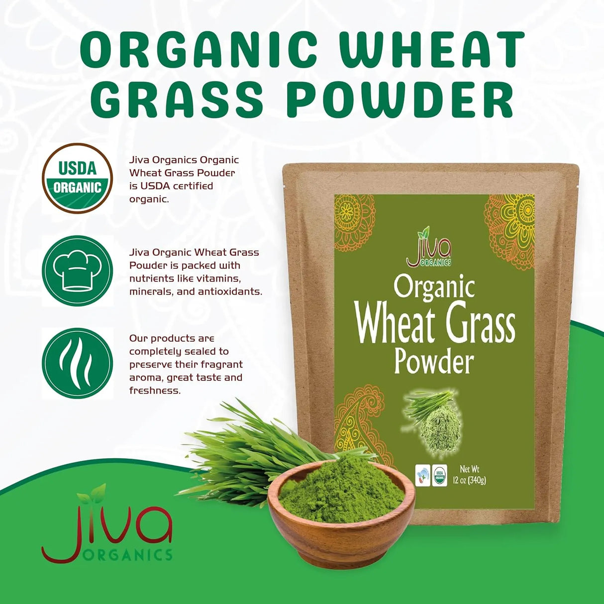 JIVA ORGANICS - Jiva Organics Wheatgrass Juice Powder 340Gr. - The Red Vitamin MX - Suplementos Alimenticios - {{ shop.shopifyCountryName }}